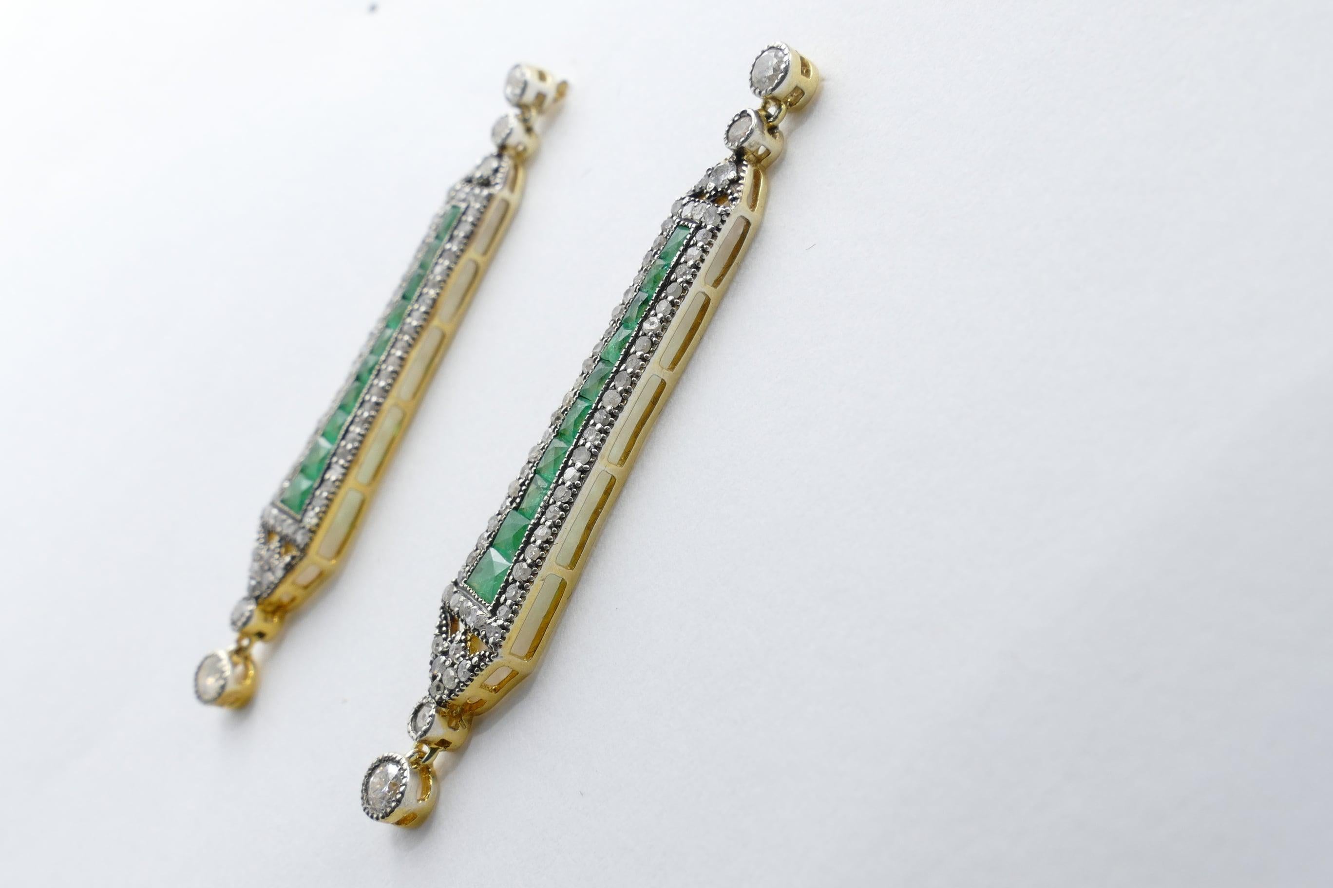 Art Deco Emerald and Baguette Diamond Yellow or White Gold and Silver Long Drop Earrings