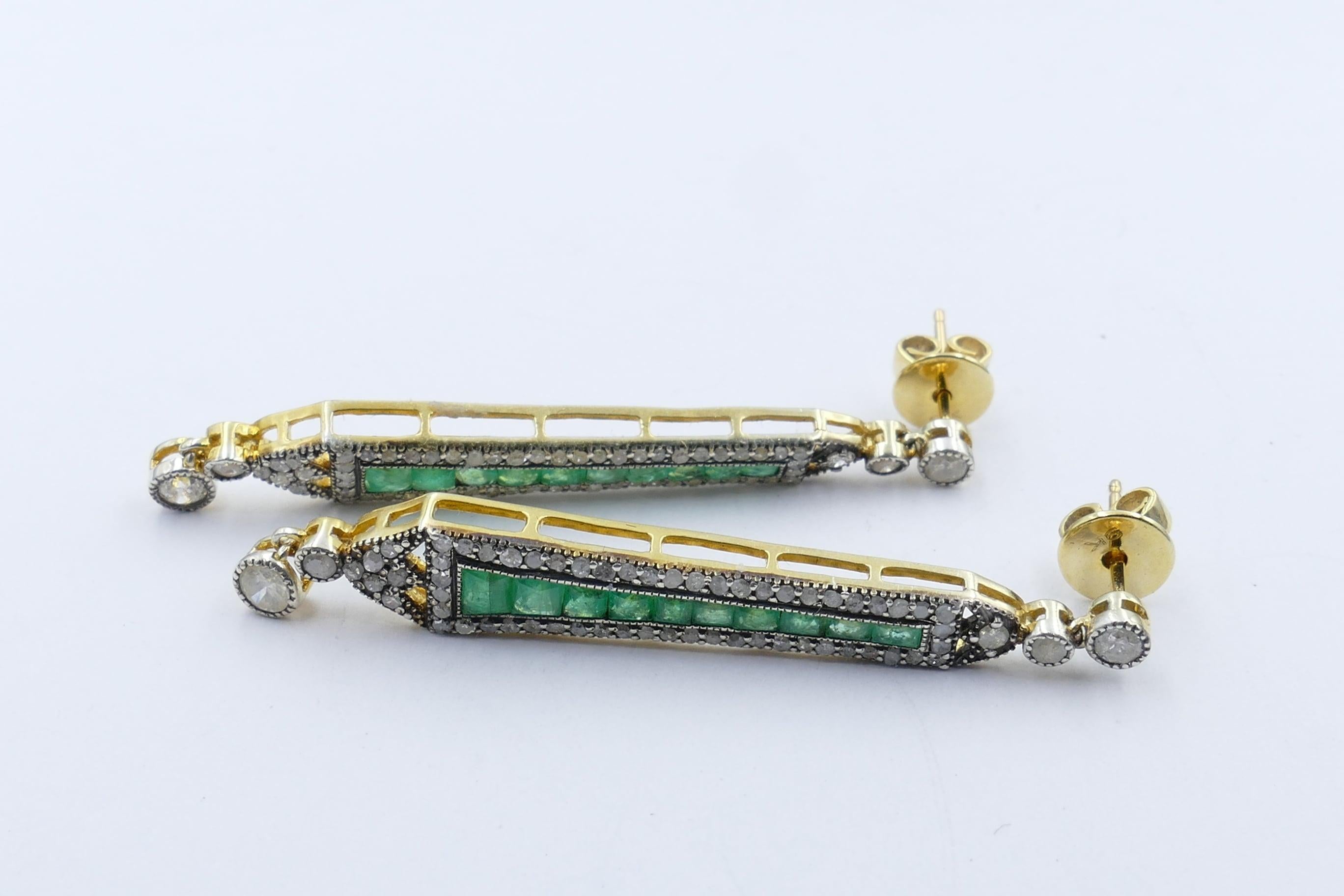 Baguette Cut Emerald and Baguette Diamond Yellow or White Gold and Silver Long Drop Earrings