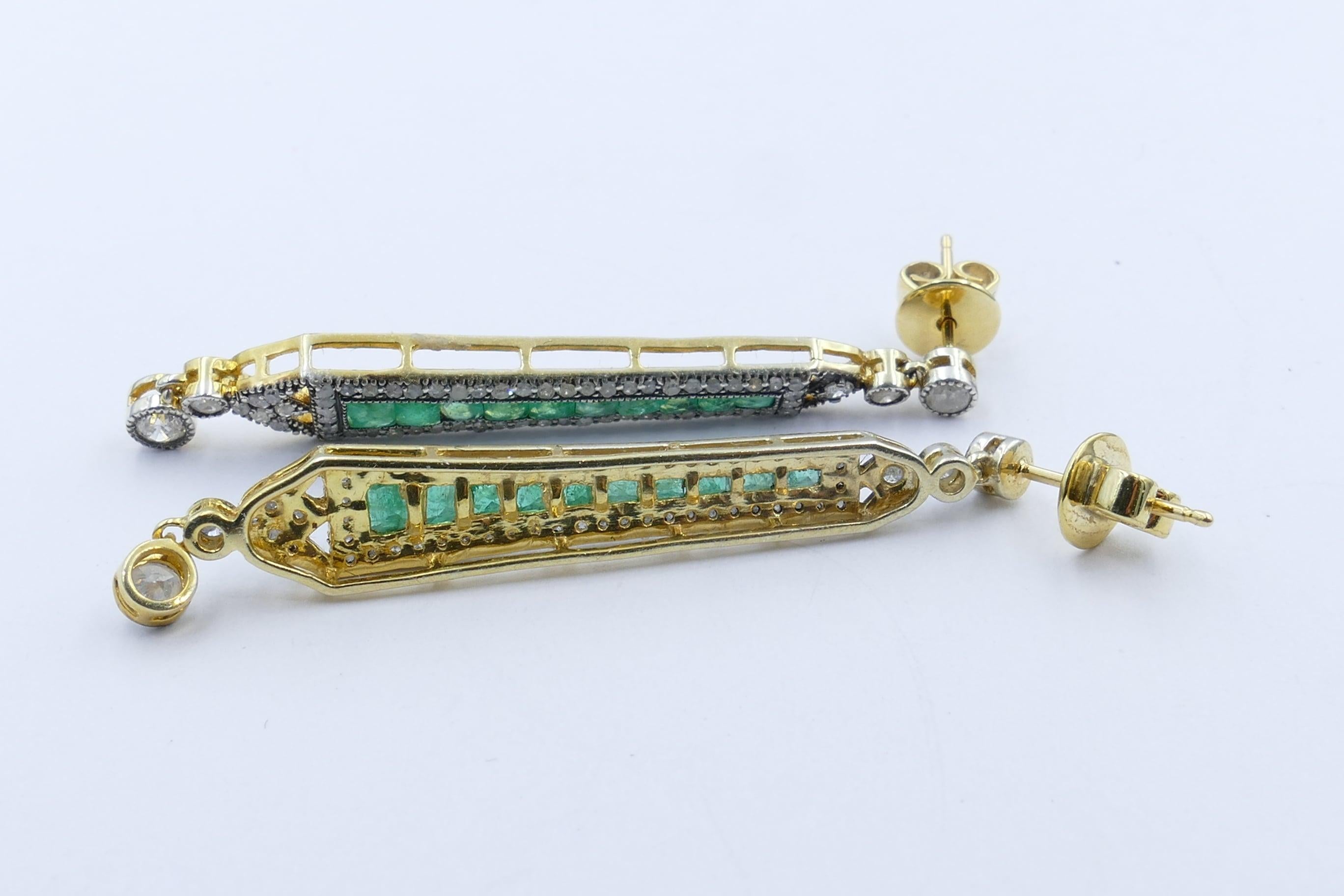 Emerald and Baguette Diamond Yellow or White Gold and Silver Long Drop Earrings In New Condition In Splitter's Creek, NSW