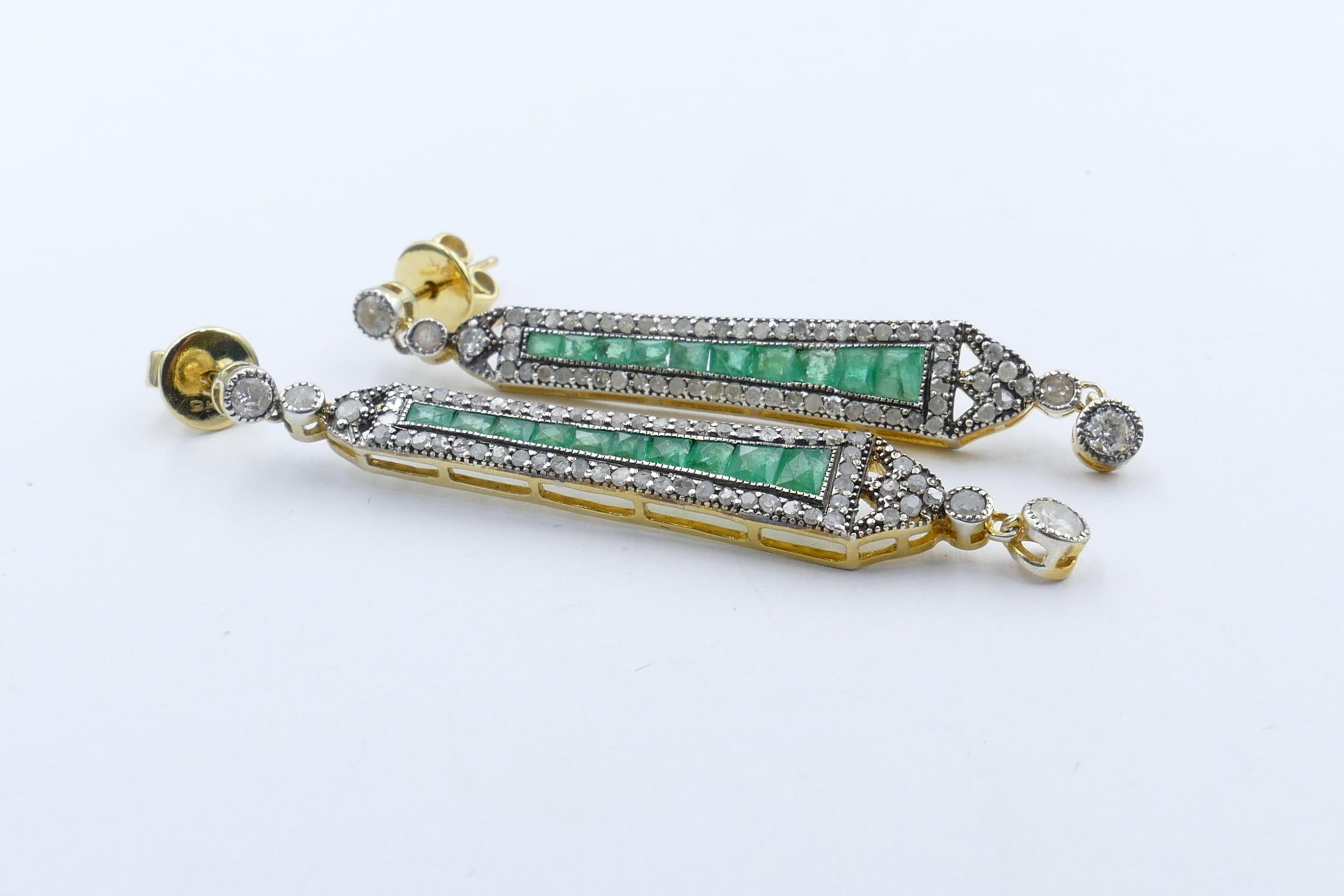 Women's Emerald and Baguette Diamond Yellow or White Gold and Silver Long Drop Earrings