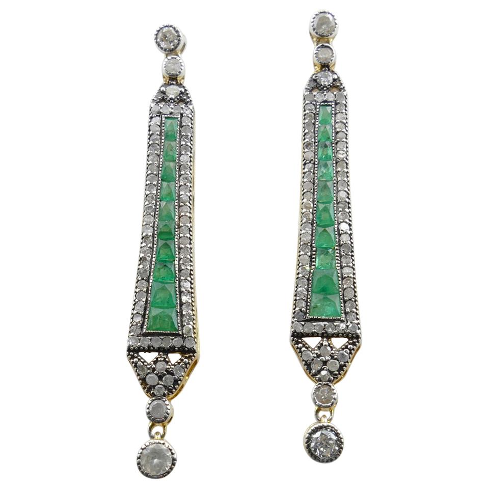 Emerald and Baguette Diamond Yellow or White Gold and Silver Long Drop Earrings