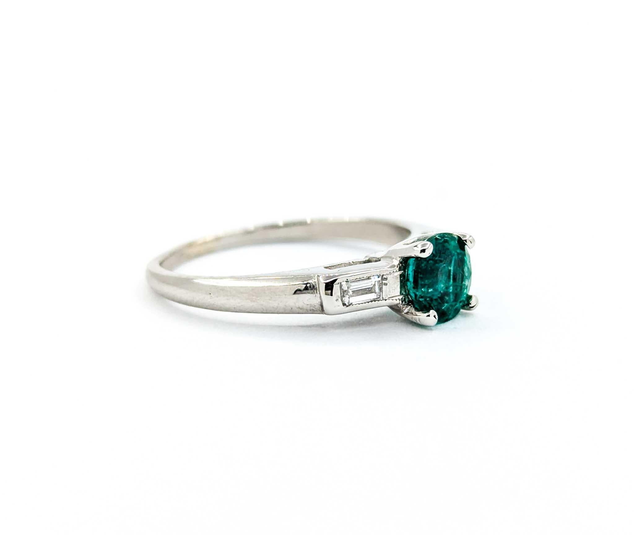 Retro Emerald & Baguette Diamonds Ring in Platinum For Sale