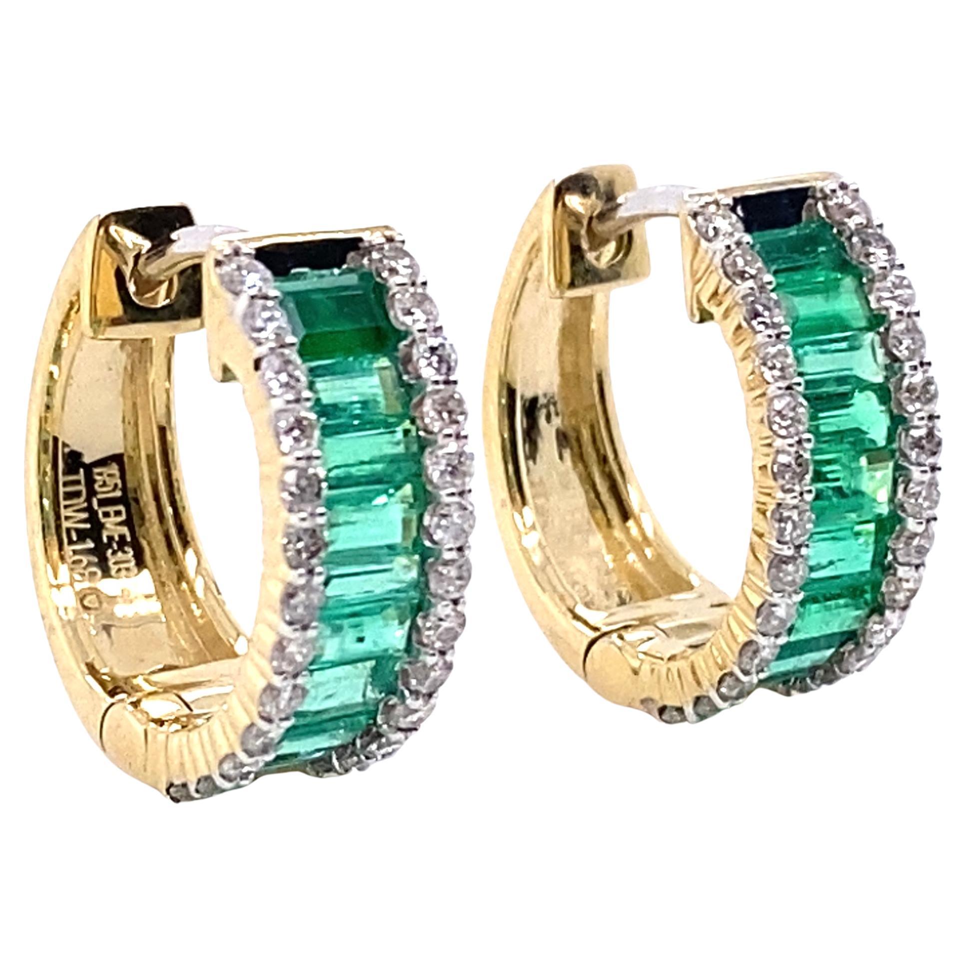 Emerald Baguette Huggie Hoops with Diamond Borders 14K Yellow Gold Huggies