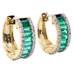 Emerald Baguette Huggie Hoops with Diamond Borders 14K Yellow Gold Huggies