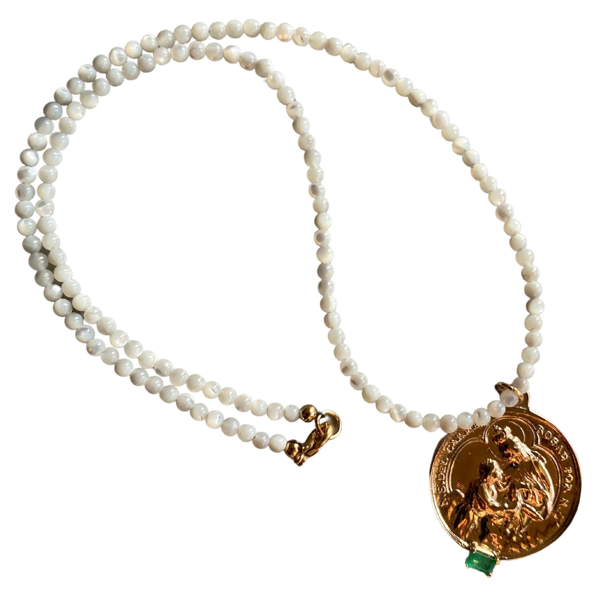 Emerald Baguette Medal Carmen Beaded Necklace For Sale