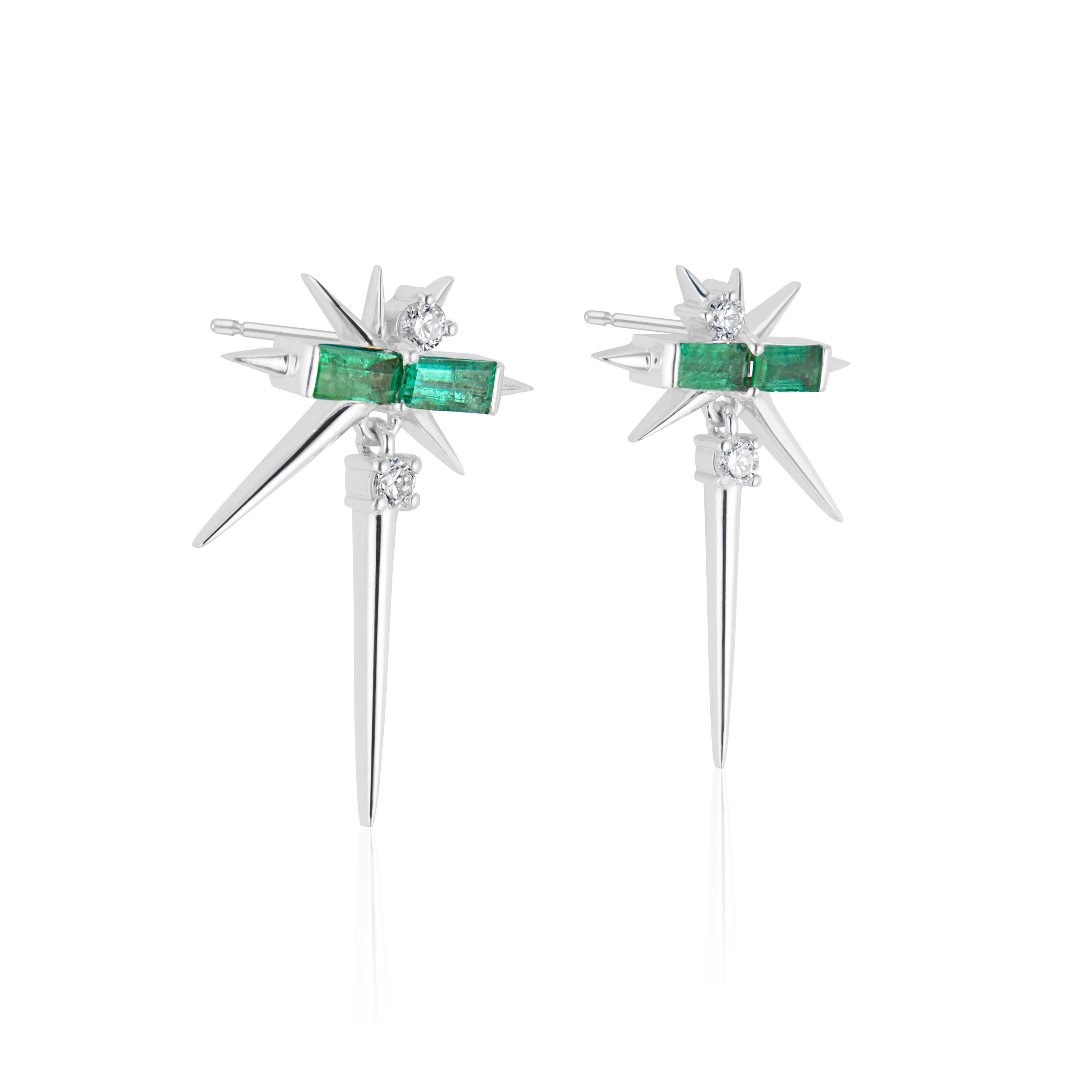 Smaragd Baguette- und runde Diamant-Tropfen-Ohrringe, Spike-Ohrringe (Moderne) im Angebot
