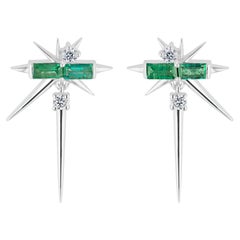 Emerald Baguette & Round Diamond Drop Earrings, Spike Earrings