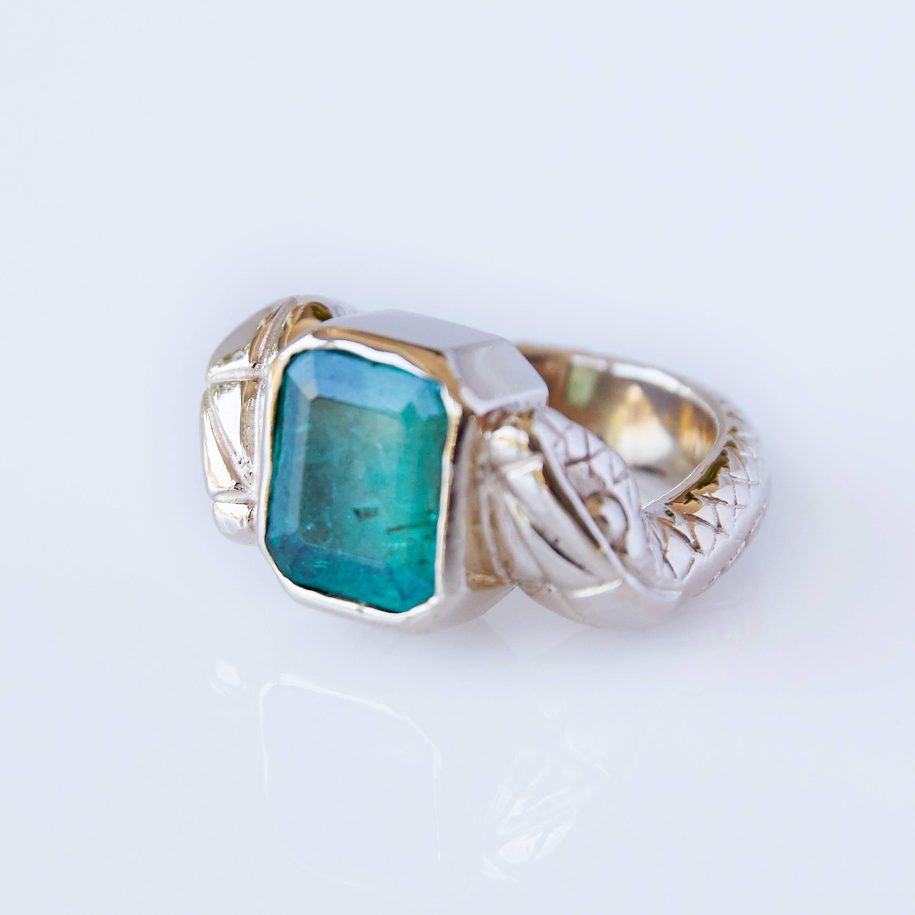 Emerald Baguette Snake Ring Victorian Style Cocktail Ring J Dauphin In New Condition For Sale In Los Angeles, CA