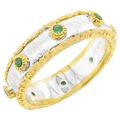 Bague avec émeraude en or jaune et blanc 18k, finition Florentine