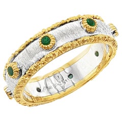 Emerald Band Ring in 18k Yellow and White Gold, Florentine Finish
