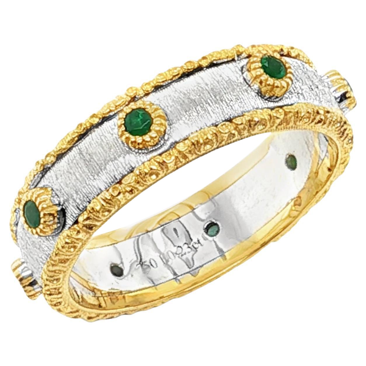 Emerald Band Ring in 18k Yellow and White Gold, Florentine Finish For Sale