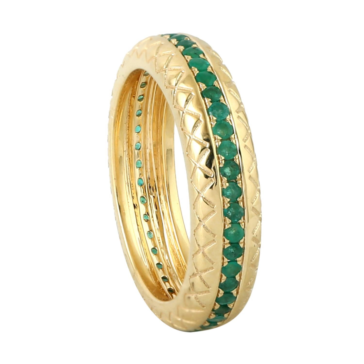 Mixed Cut Emerald Band Ring Made In 18k Yellow Gold For Sale