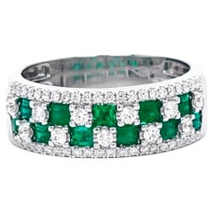 Emerald Band Ring With Diamonds 1.03 Carats 18K White Gold
