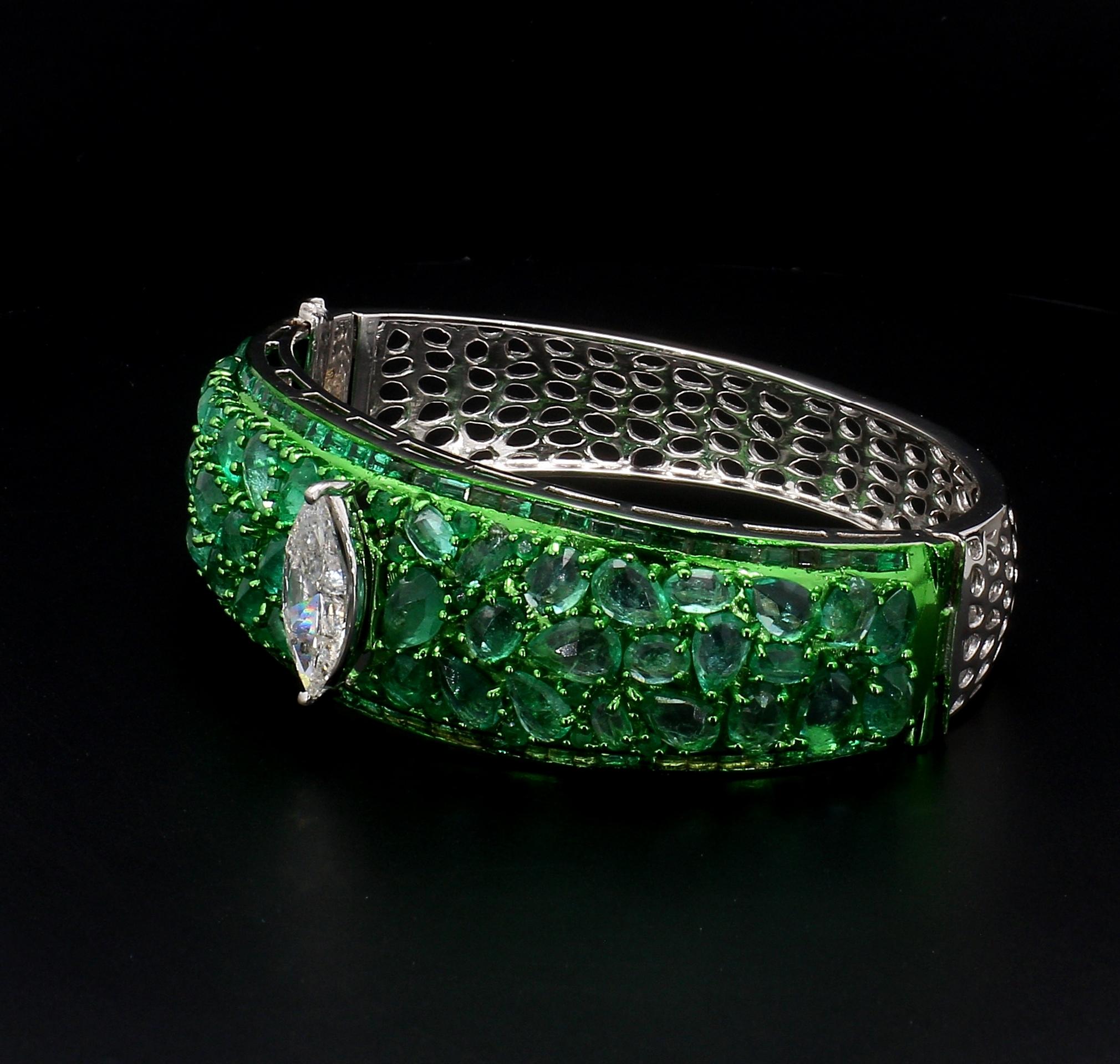 Anglo-Indian 2ct Marquise Natural Diamond, Rose Cut Emeralds Bangle w/Unique Green Rhodium
