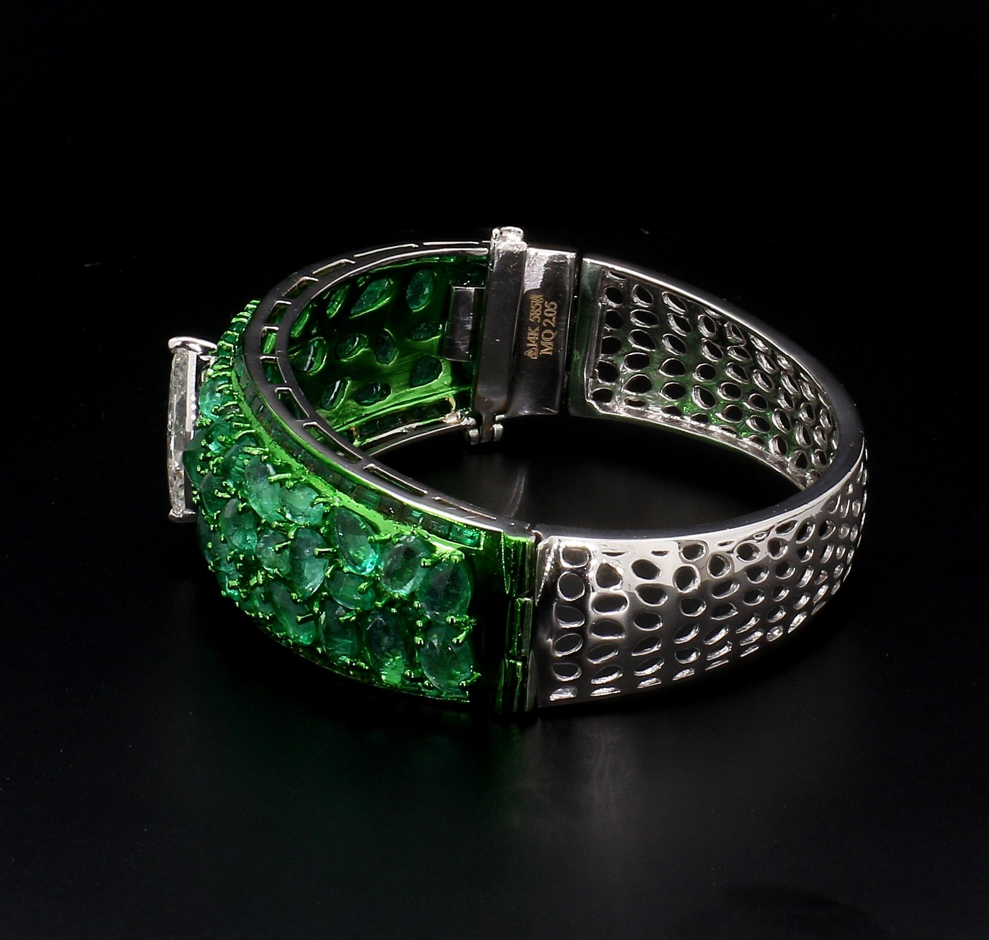 Marquise Cut 2ct Marquise Natural Diamond, Rose Cut Emeralds Bangle w/Unique Green Rhodium