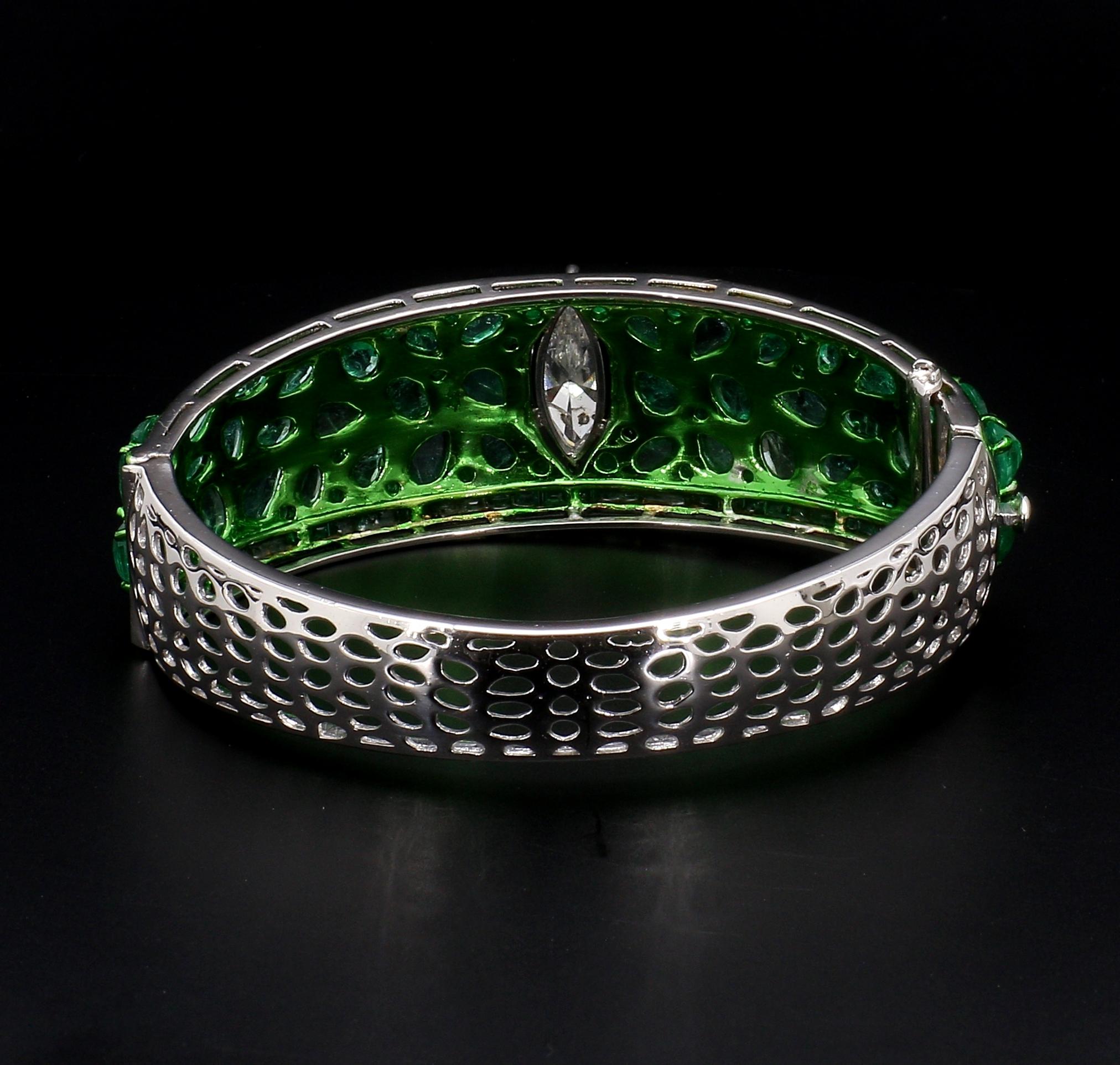 2ct Marquise Natural Diamond, Rose Cut Emeralds Bangle w/Unique Green Rhodium In New Condition In New York, NY