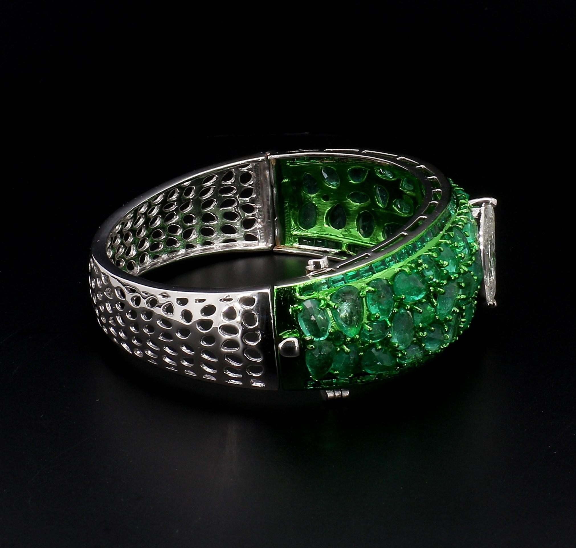 Women's or Men's 2ct Marquise Natural Diamond, Rose Cut Emeralds Bangle w/Unique Green Rhodium