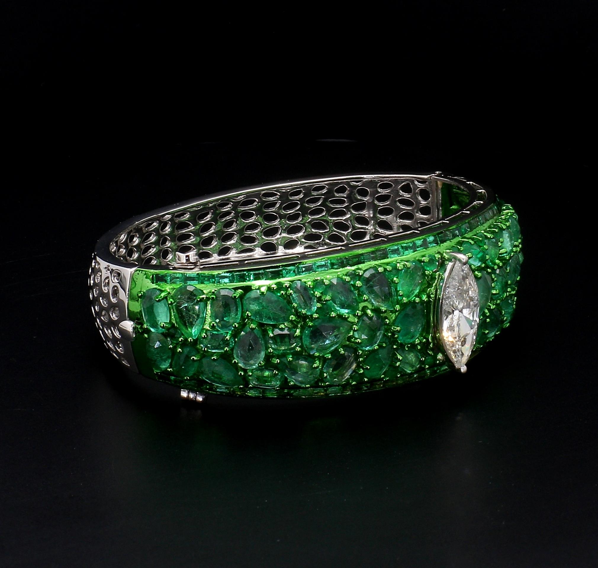 2ct Marquise Natural Diamond, Rose Cut Emeralds Bangle w/Unique Green Rhodium 1