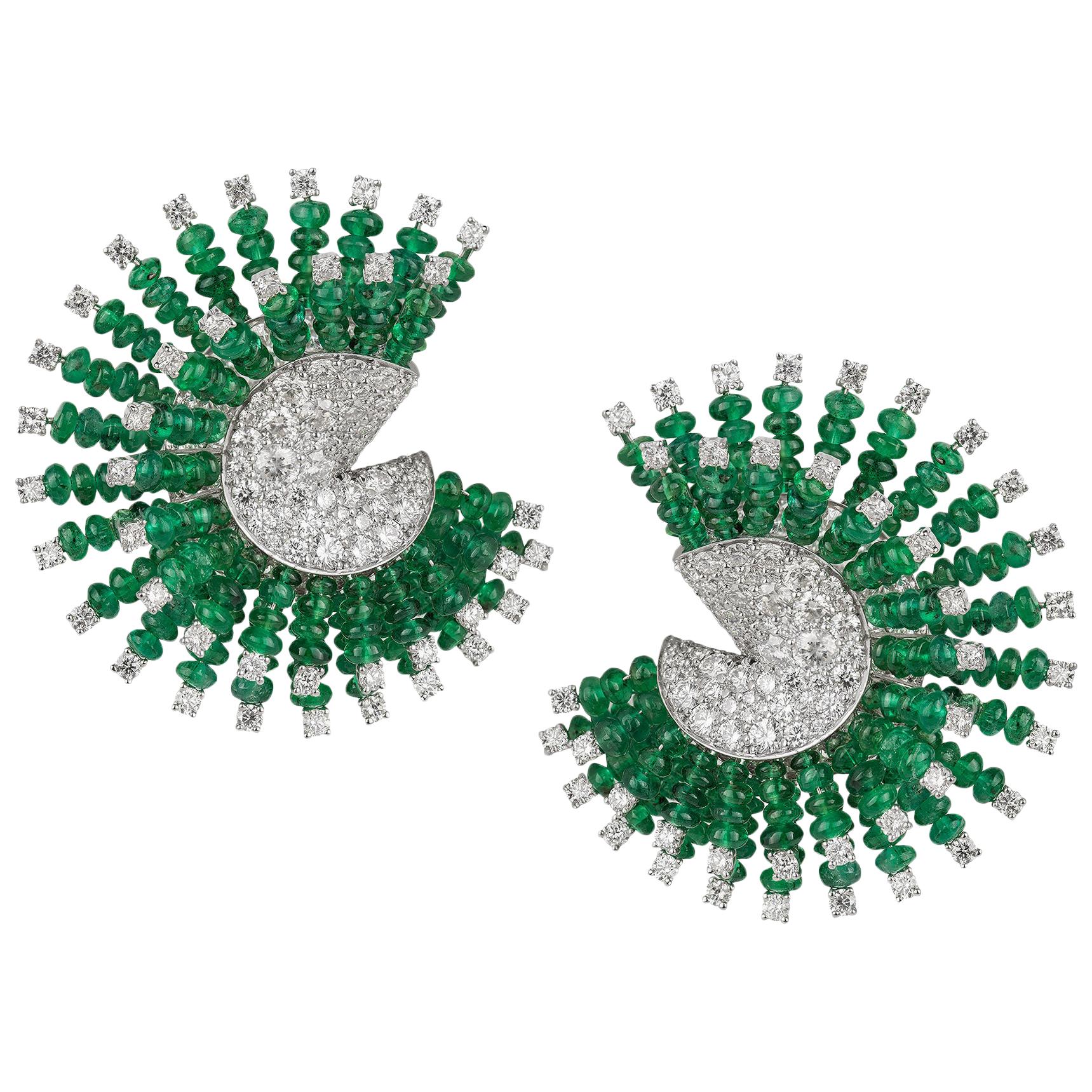 Emerald Bead and Diamond Back to Front Ear Clips by Umrao