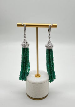Emerald Bead Chandelier Drop White Diamond 18 Karat White Gold Earrings