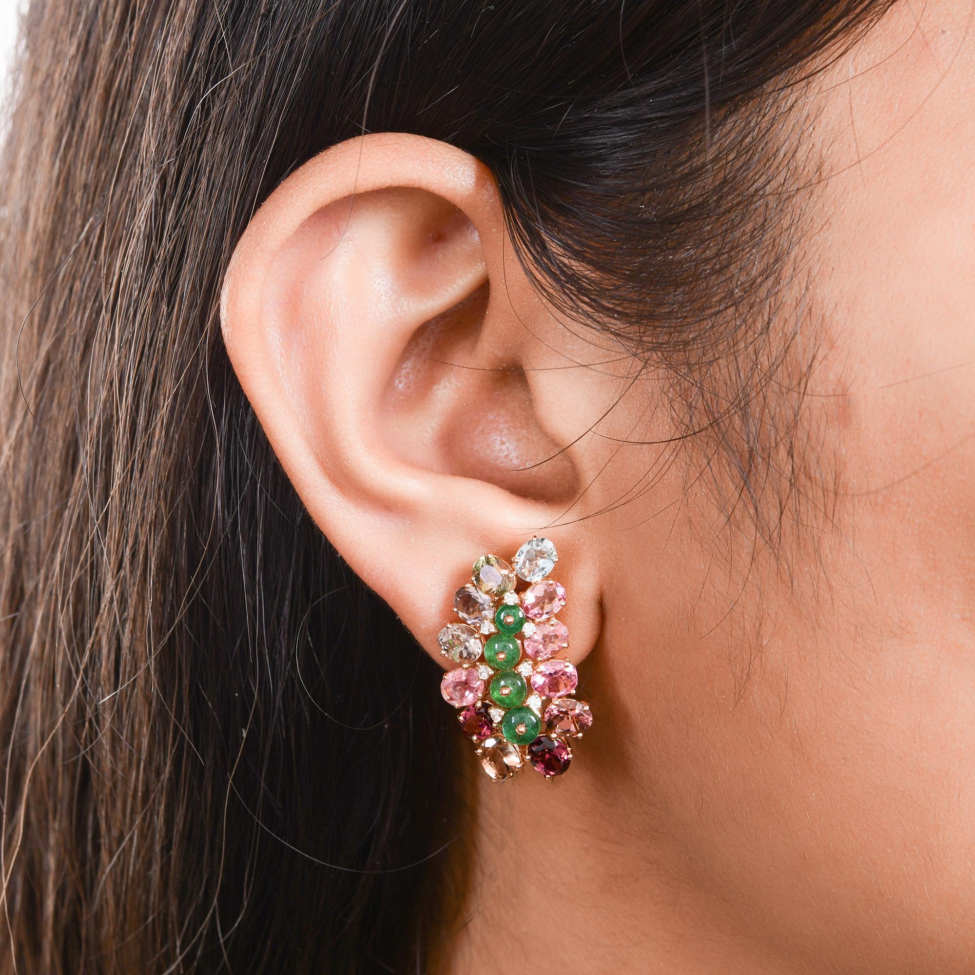 Modern Emerald Bead Multi Tourmaline Leaf Earrings Diamond 14 Karat Rose Gold Jewelry For Sale