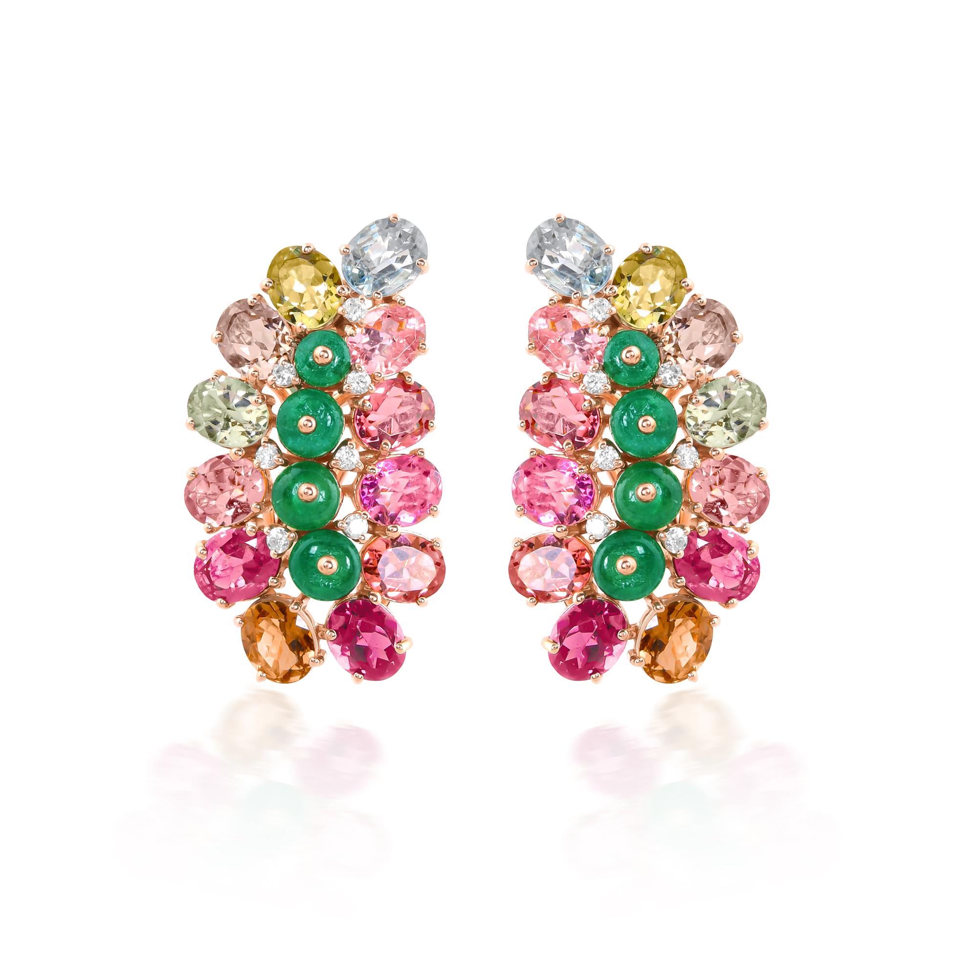 Women's Emerald Bead Multi Tourmaline Leaf Earrings Diamond 14 Karat Rose Gold Jewelry For Sale