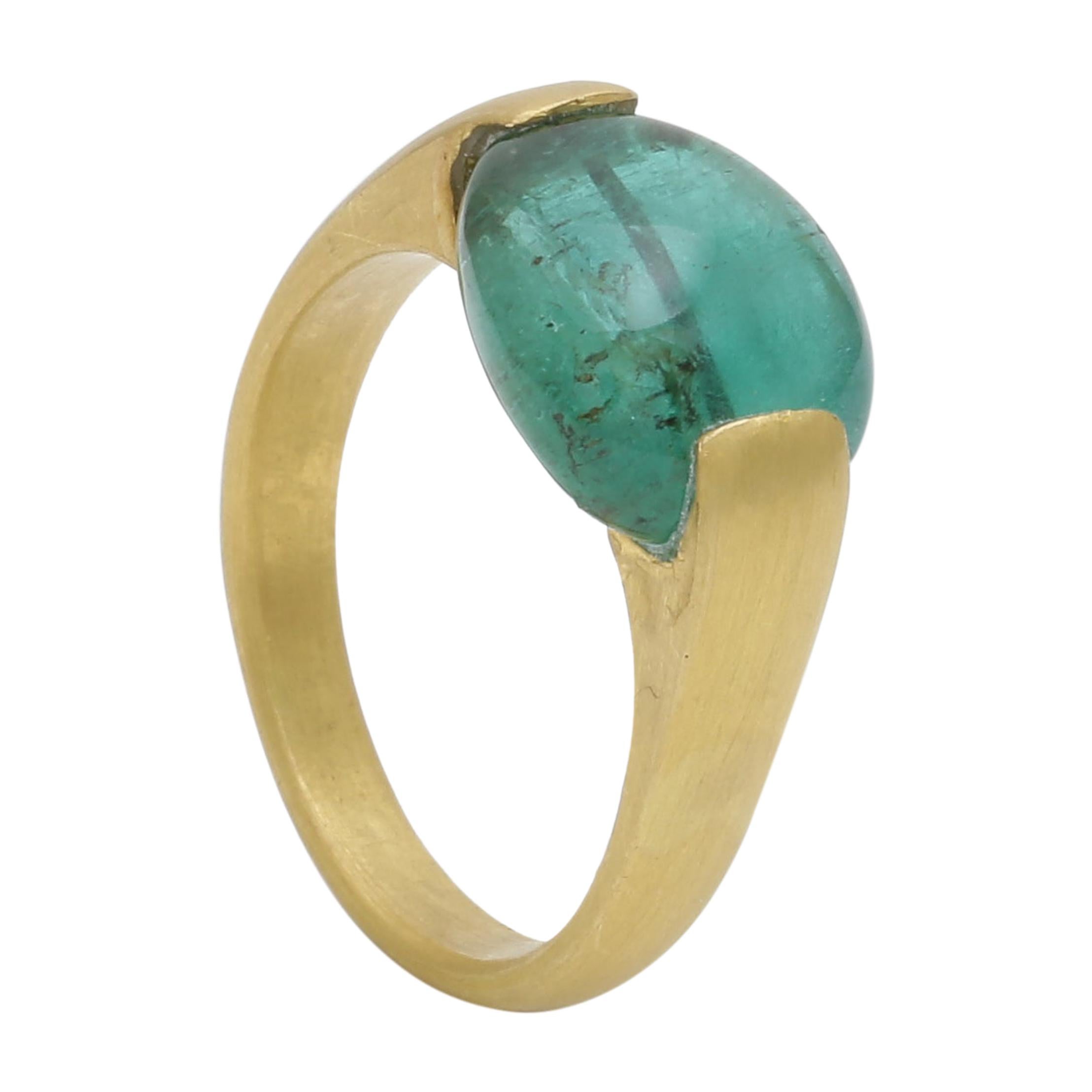 Unique Emerald Bead Ring Handmade in 18 Karat Yellow Gold For Sale