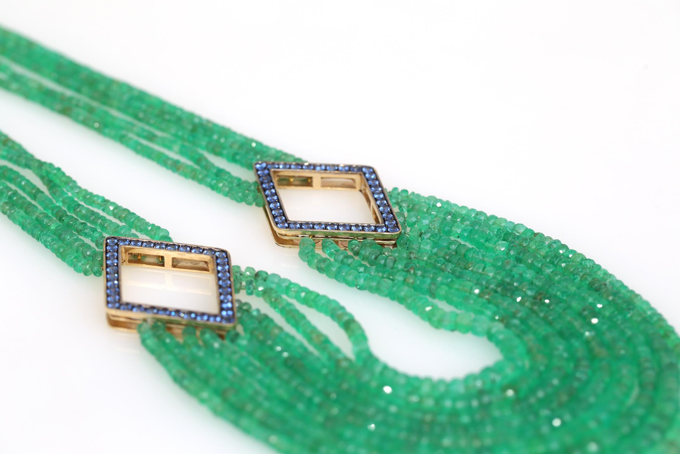 Emerald Beads Blue Topaz Yellow Gold Necklace, 1970 3