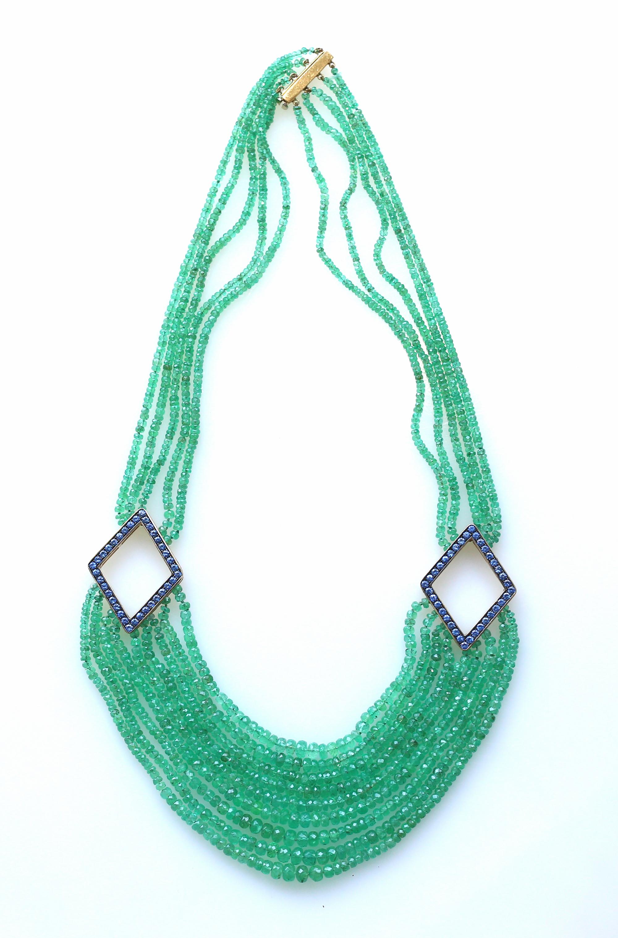 Emerald Beads Blue Topaz Yellow Gold Necklace, 1970 5