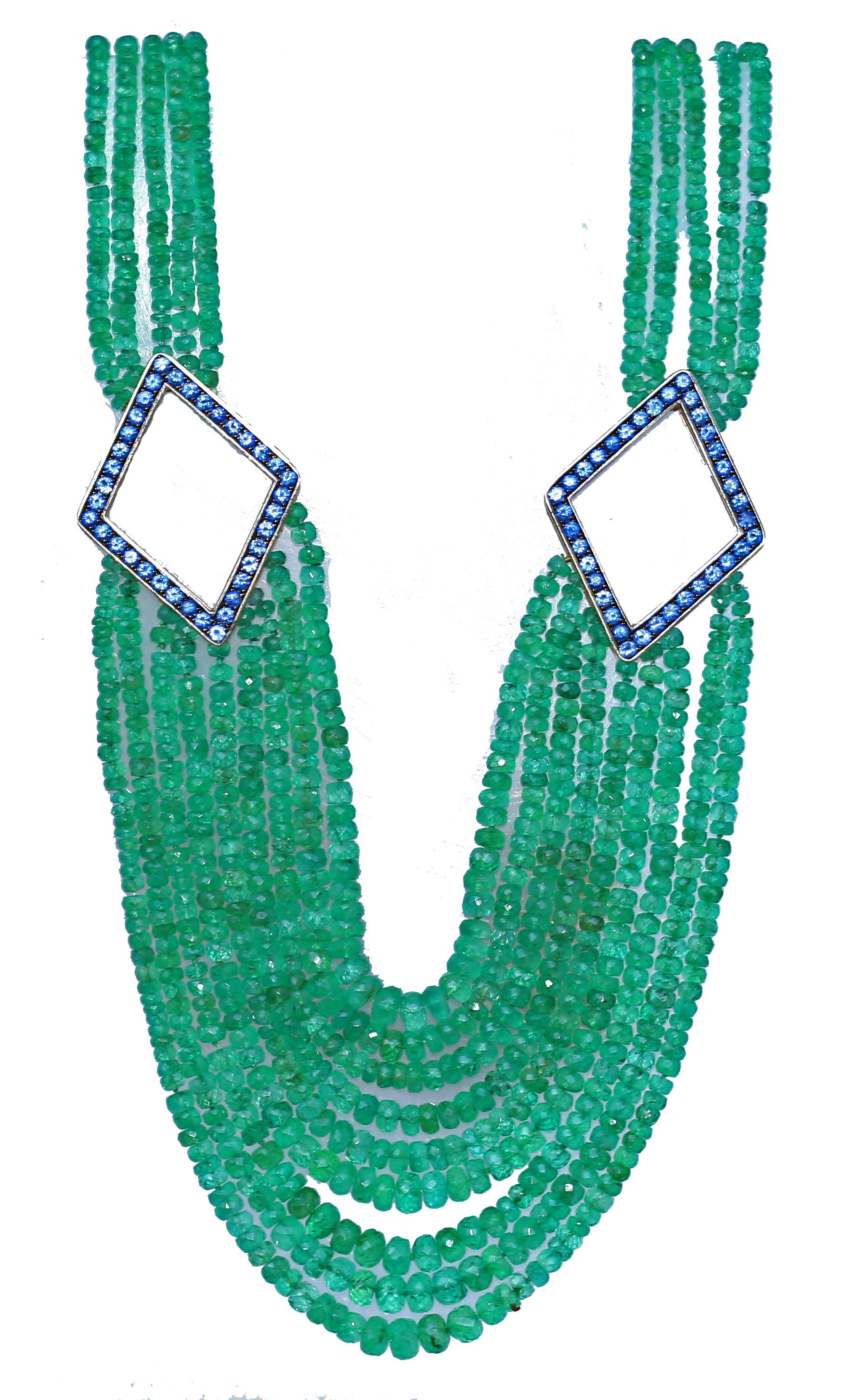 Emerald Beads Blue Topaz Yellow Gold Necklace, 1970 1