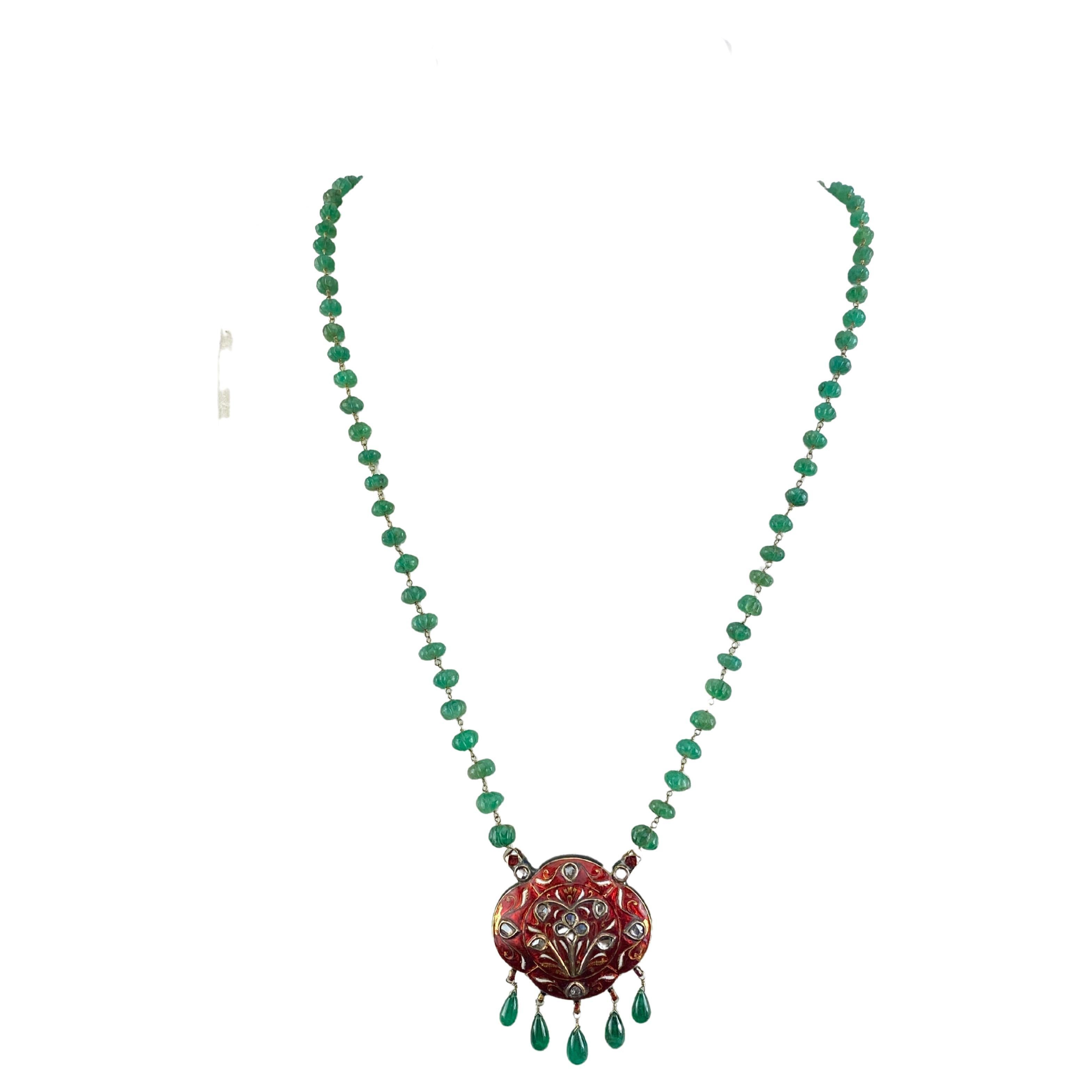 Emerald Beads and Enamel Pendant Beaded Necklace