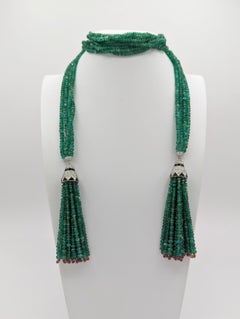 Emerald Beads and White Diamond Tassels Necklace in 18K White Gold