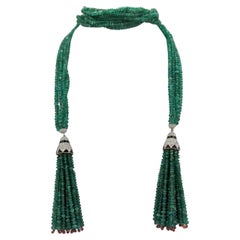 Emerald Beads and White Diamond Tassels Necklace in 18K White Gold