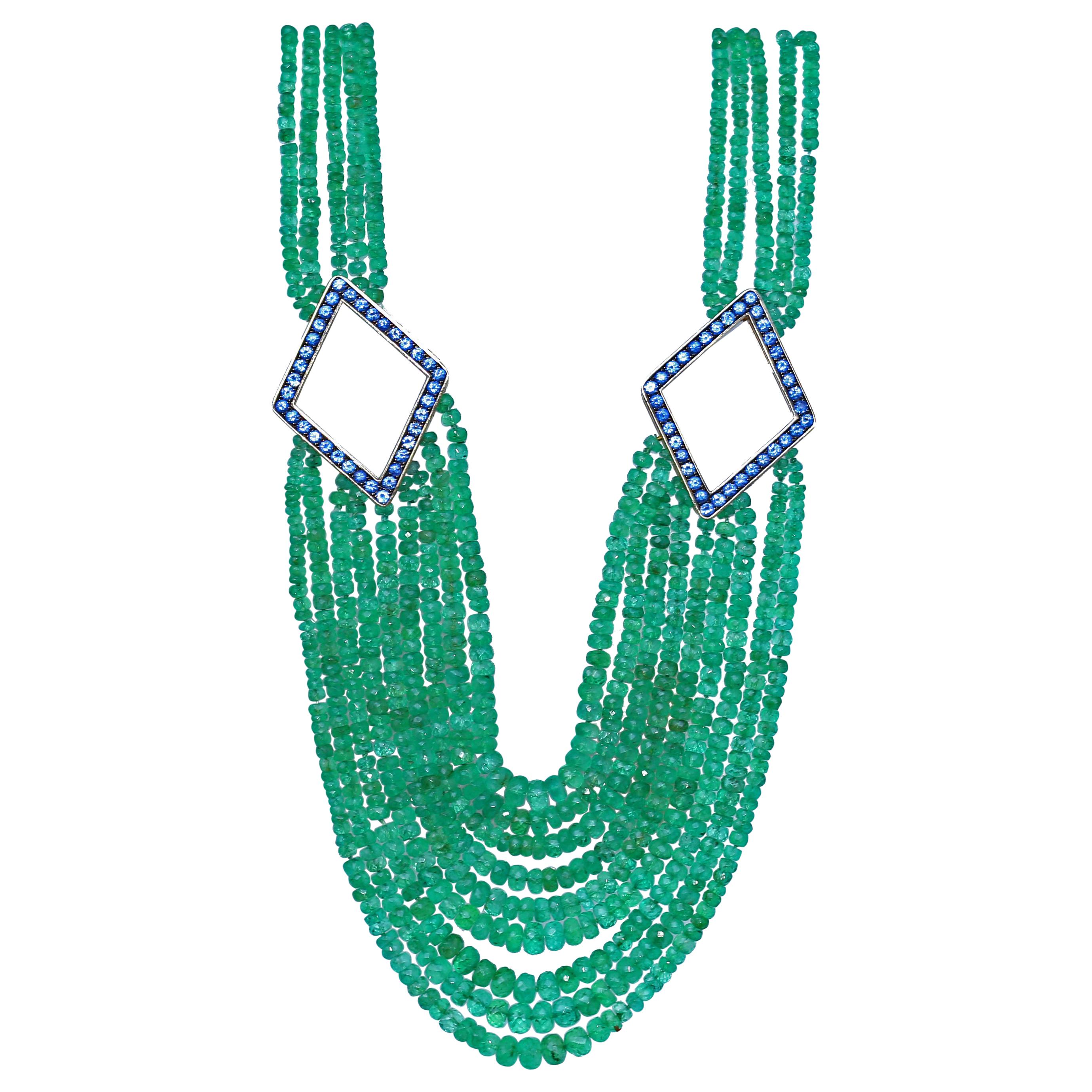 Emerald Beads Blue Topaz Yellow Gold Necklace, 1970