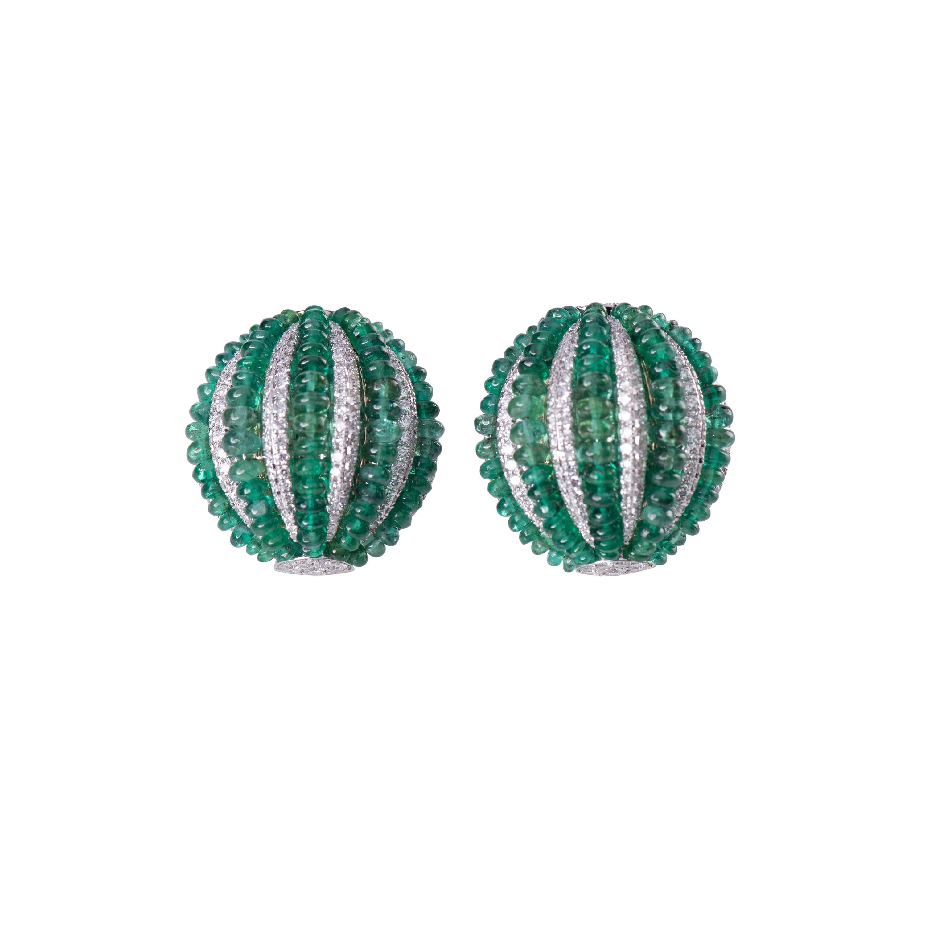 18K Gold, Emerald Beads ( 10.55 Cts)  Diamond  Half Ball Earring