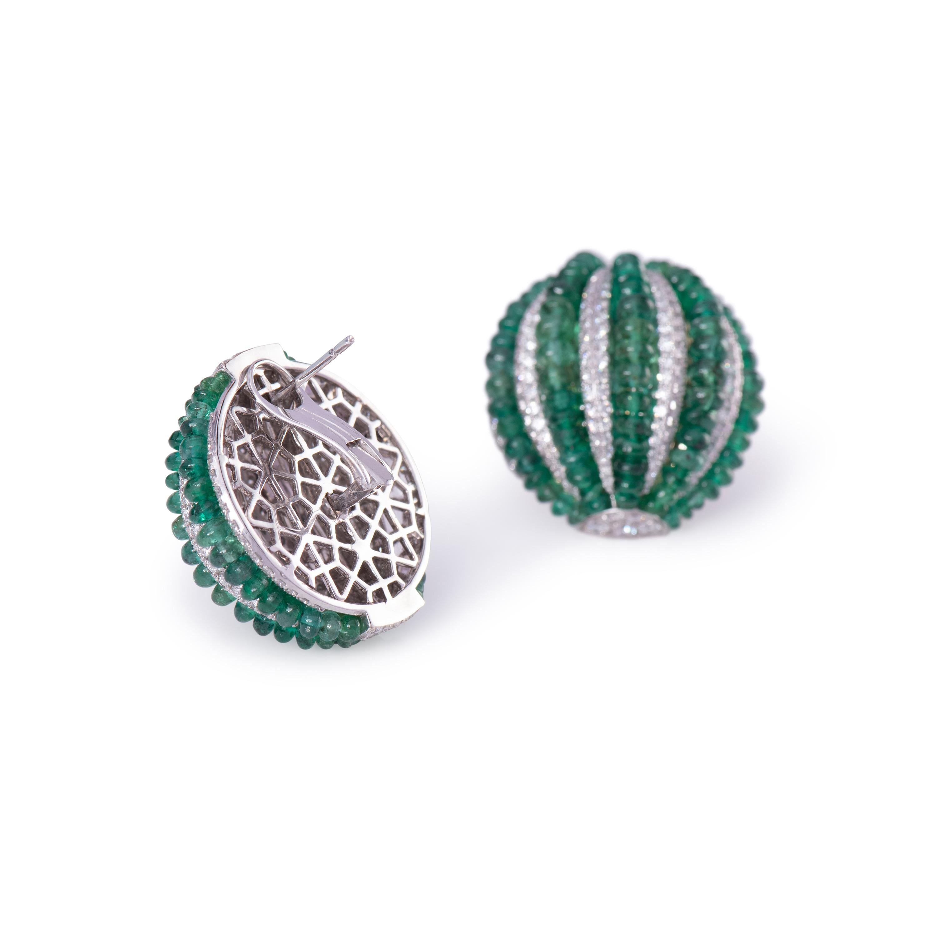 Artisan Emerald Beads Diamond Half Ball Earring For Sale