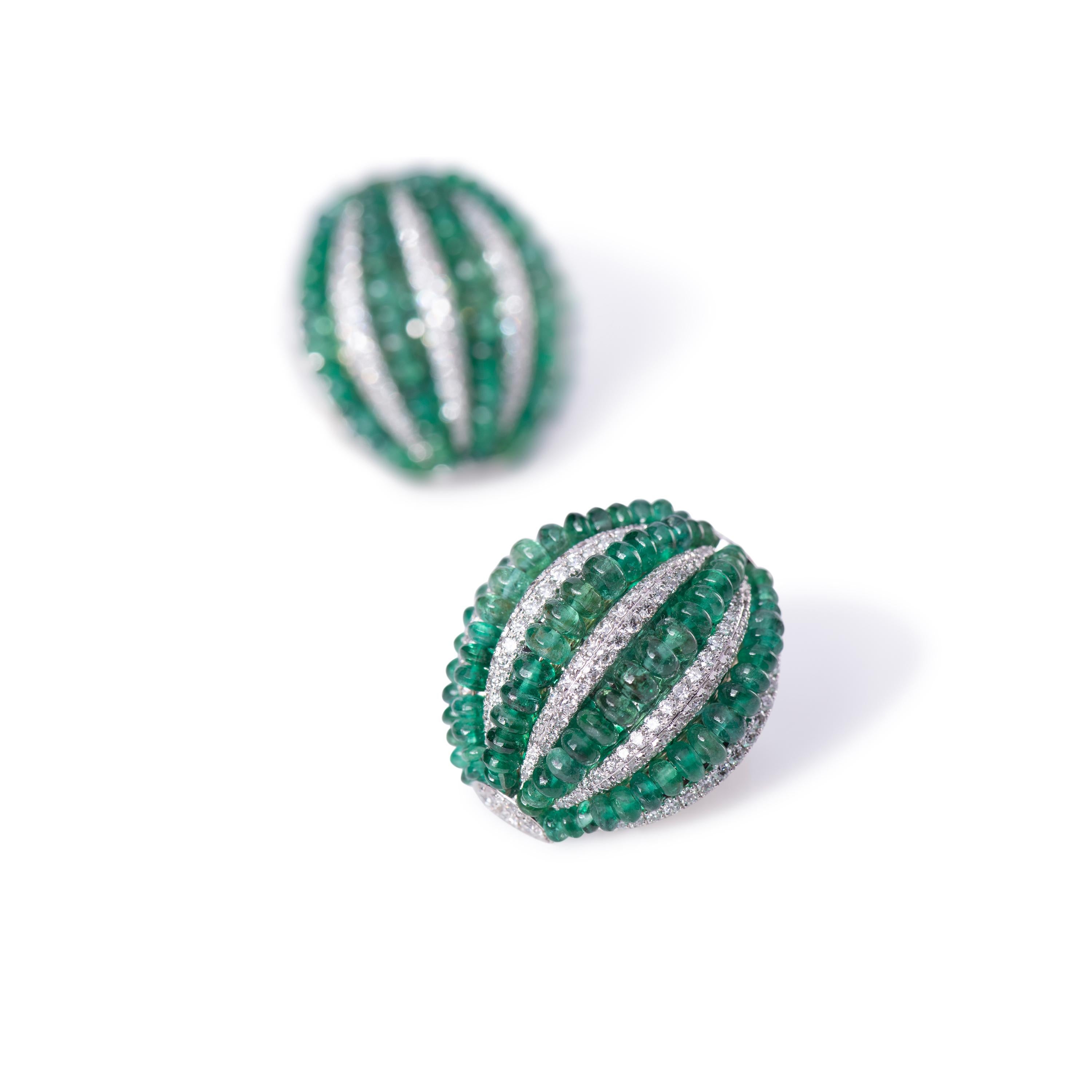 Round Cut Emerald Beads Diamond Half Ball Earring For Sale