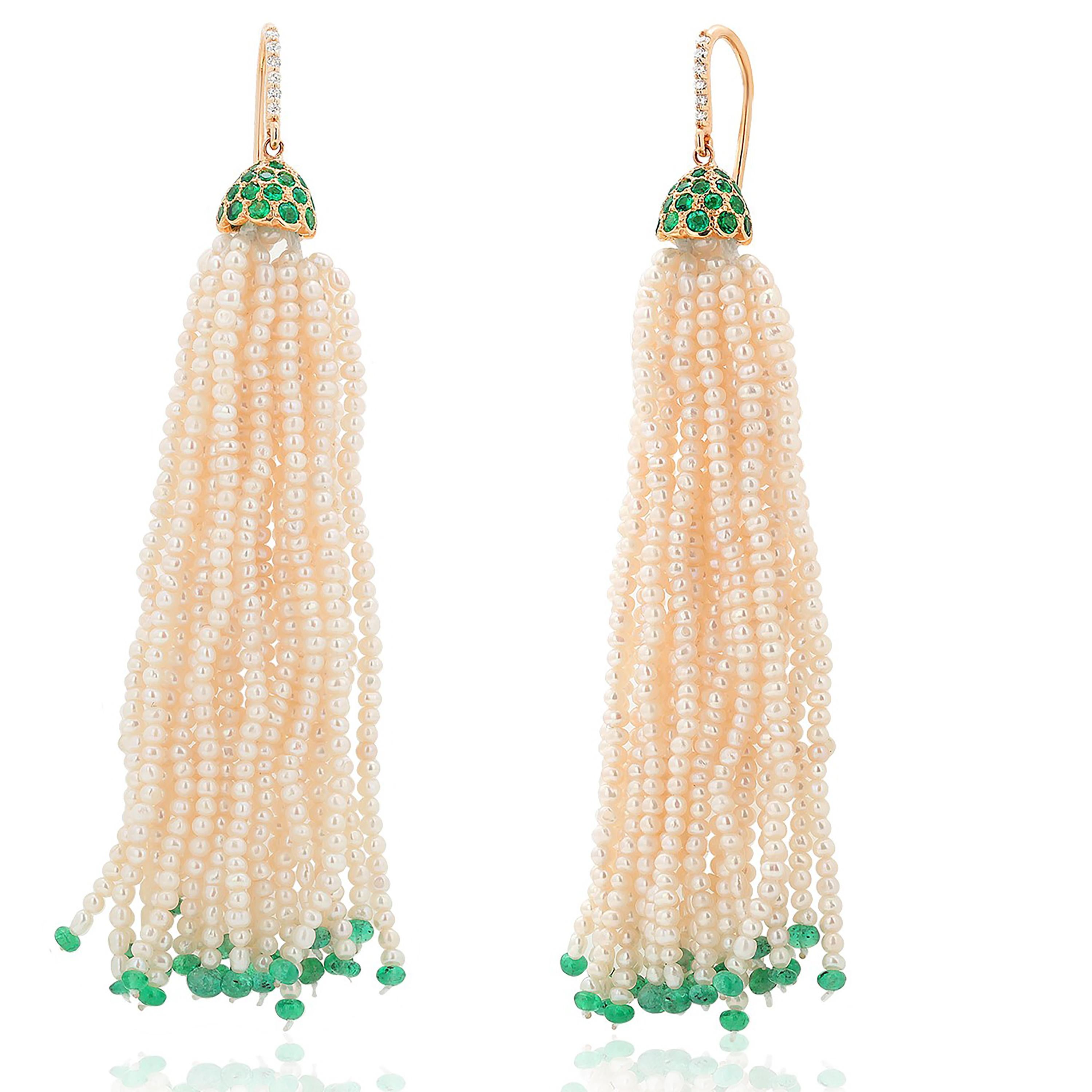 Emerald Beads Diamond Pearl 3.15 Carat Yellow Gold Shepherd 3.65 Inch Earrings  For Sale 1
