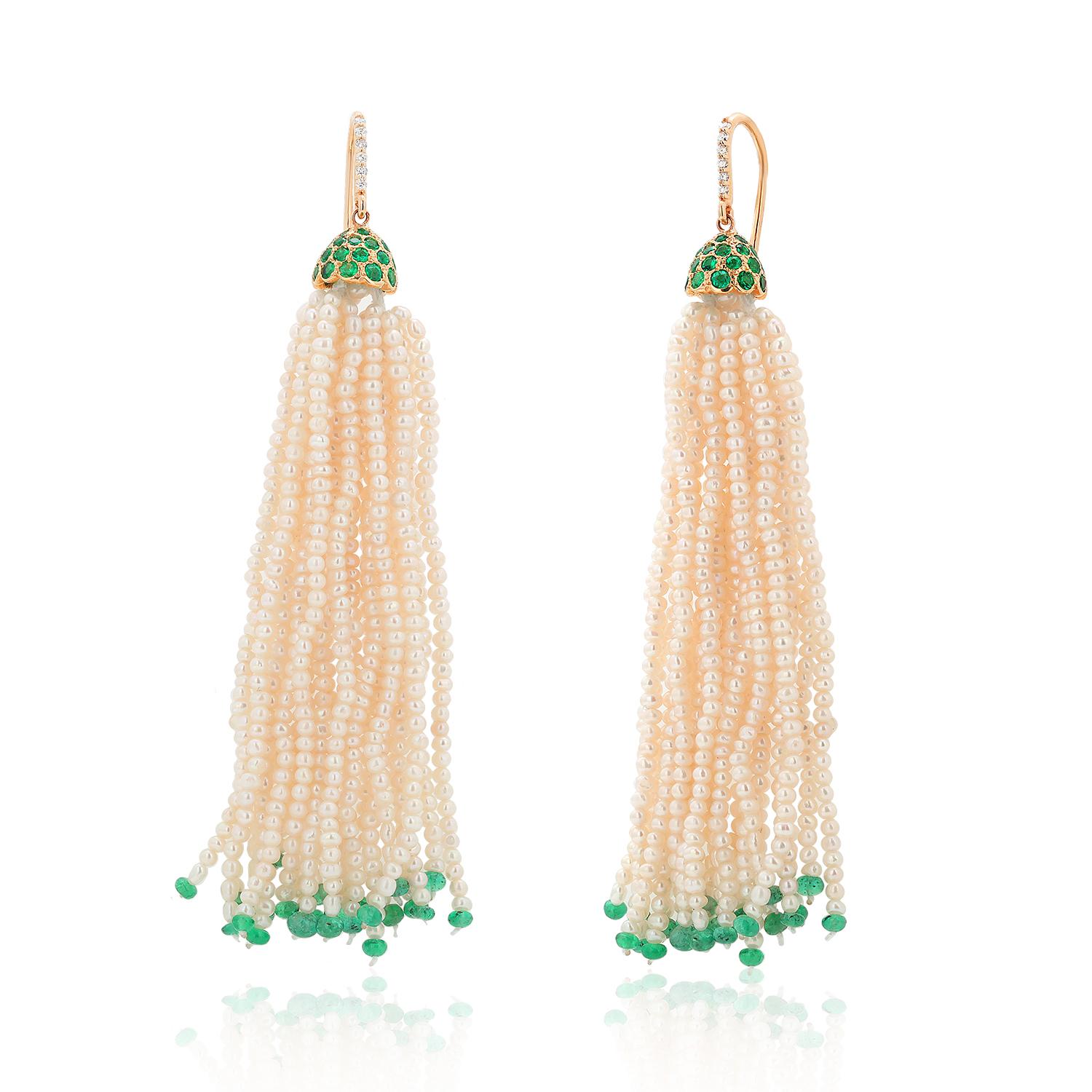 Emerald Beads Diamond Pearl 3.15 Carat Yellow Gold Shepherd 3.65 Inch Earrings  For Sale 4