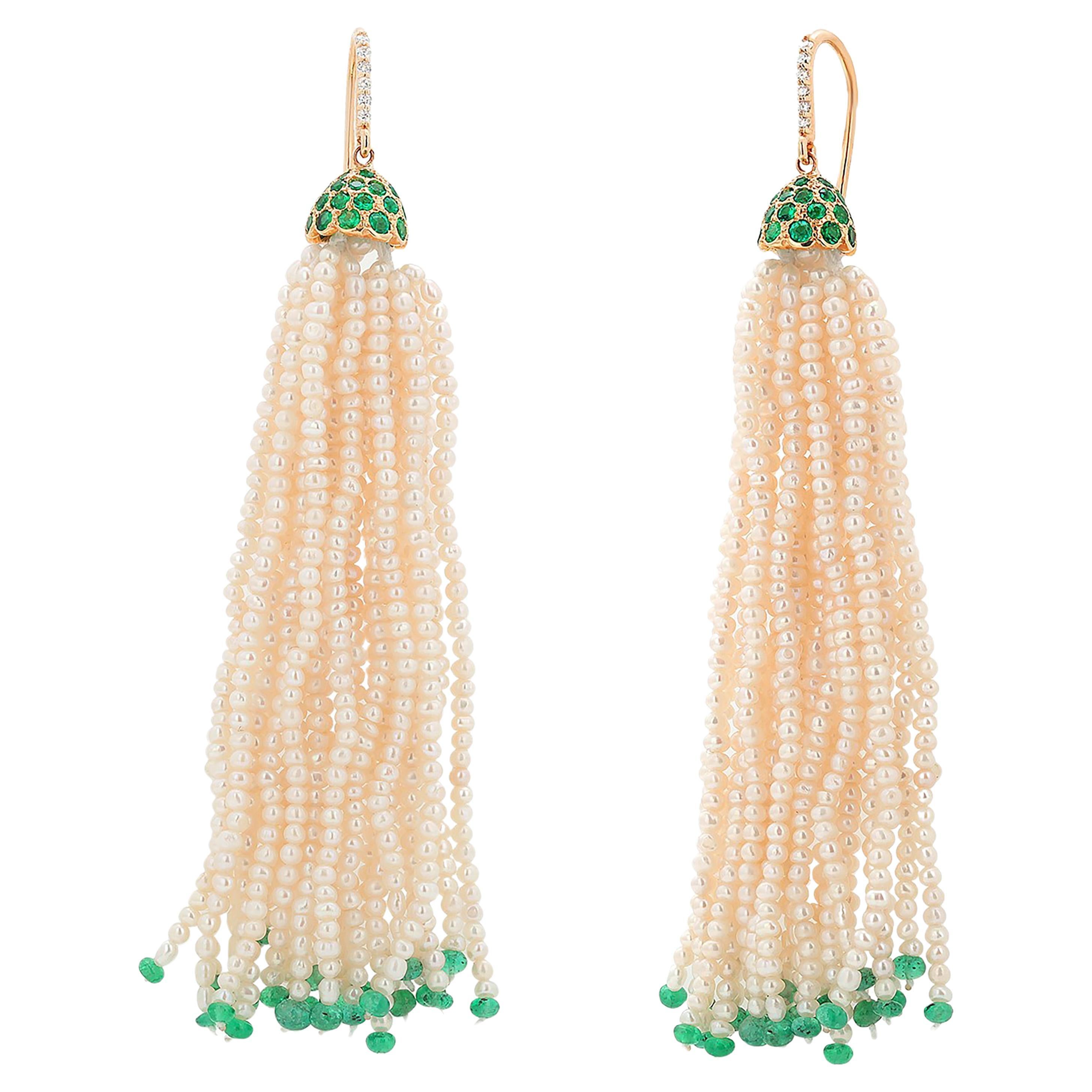Emerald Beads Diamond Pearl 3.15 Carat Yellow Gold Shepherd 3.65 Inch Earrings  For Sale