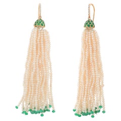 Emerald Beads Diamond Pearl 3.15 Carat Yellow Gold Shepherd 3.65 Inch Earrings 