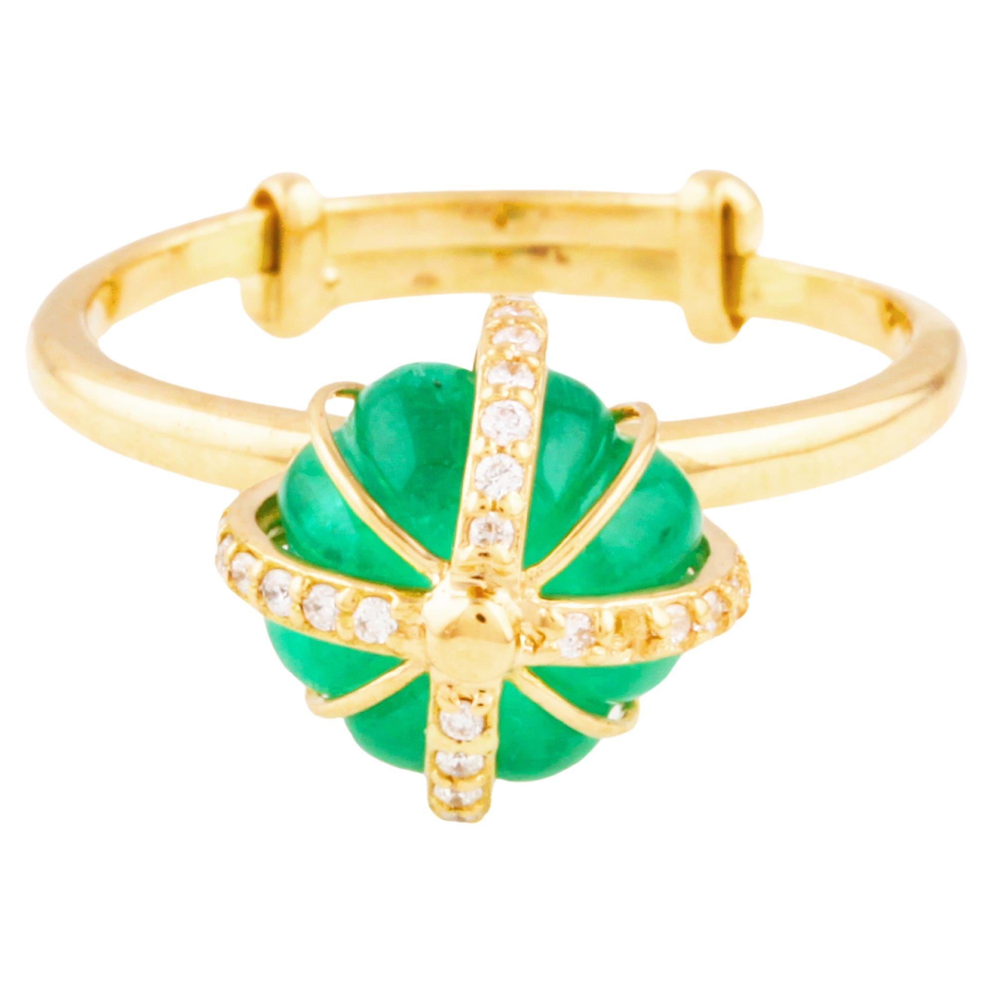 Emerald Beads & Diamond Ring In 18K Yellow Gold
