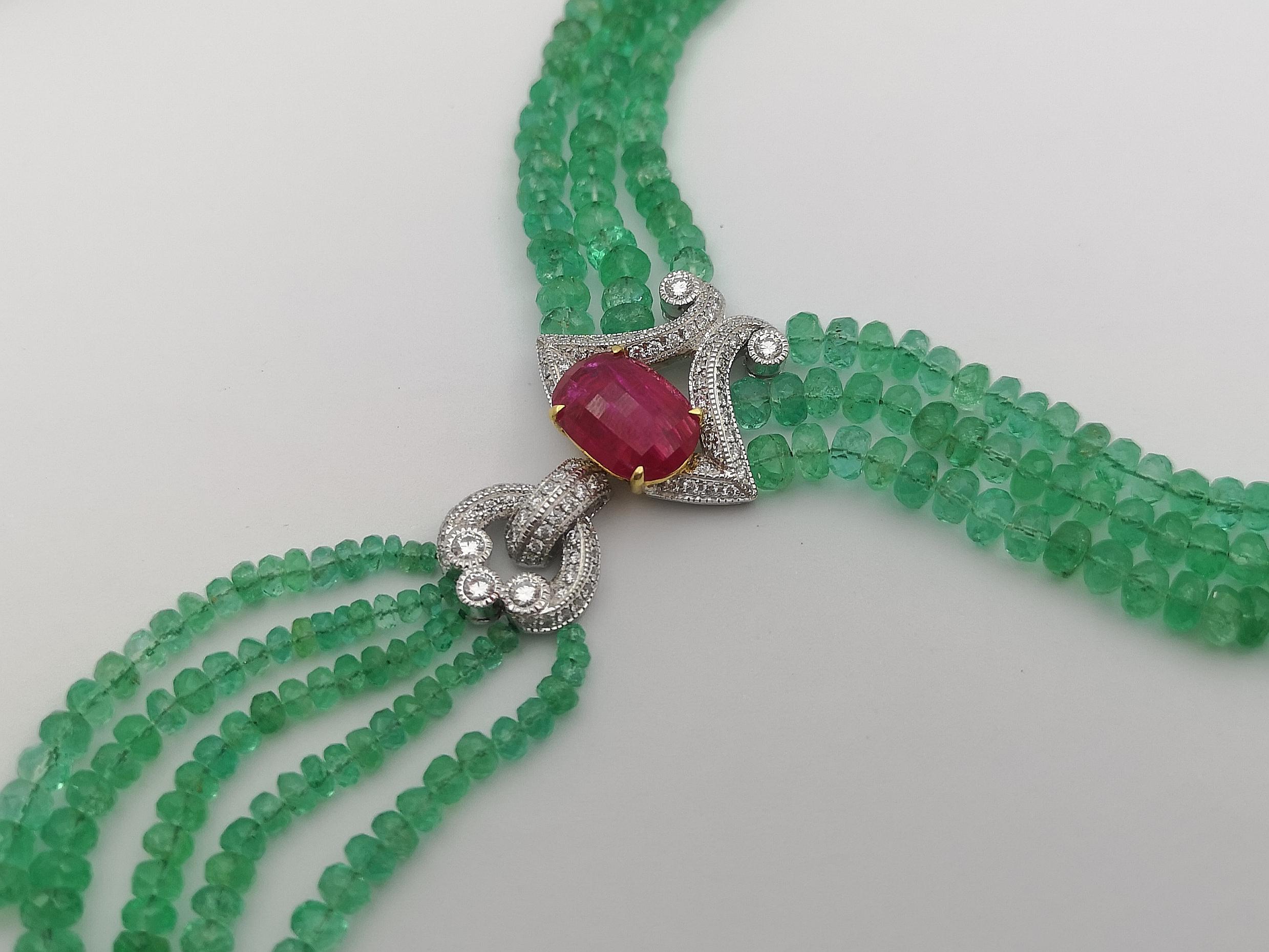 Emerald Beads, Ruby with Diamond Necklace Set in 18 Karat White Gold Settings For Sale 6