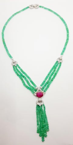 Emerald Beads, Ruby with Diamond Necklace Set in 18 Karat White Gold Settings