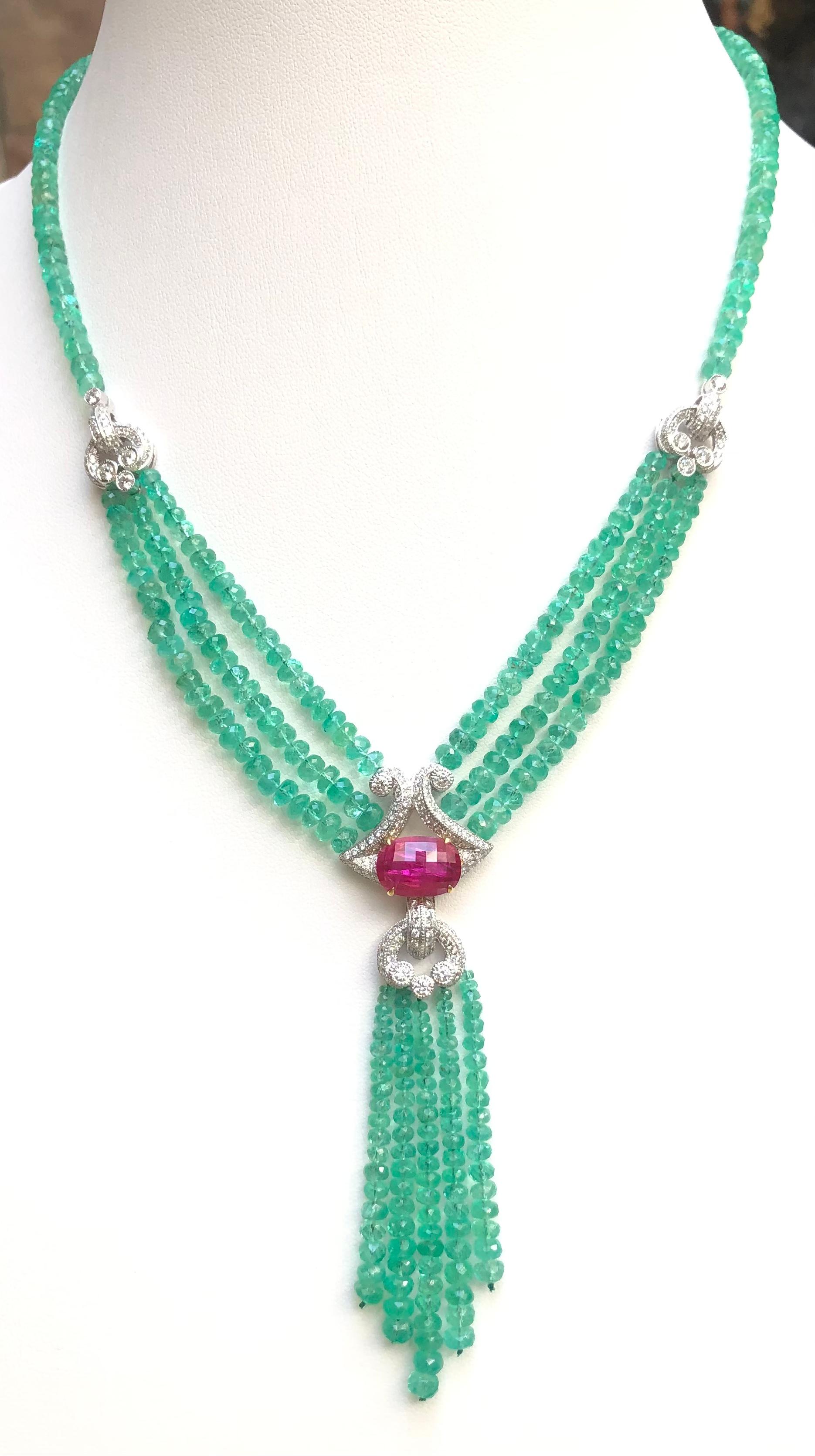 Contemporary Emerald Beads, Ruby with Diamond Necklace Set in 18 Karat White Gold Settings For Sale