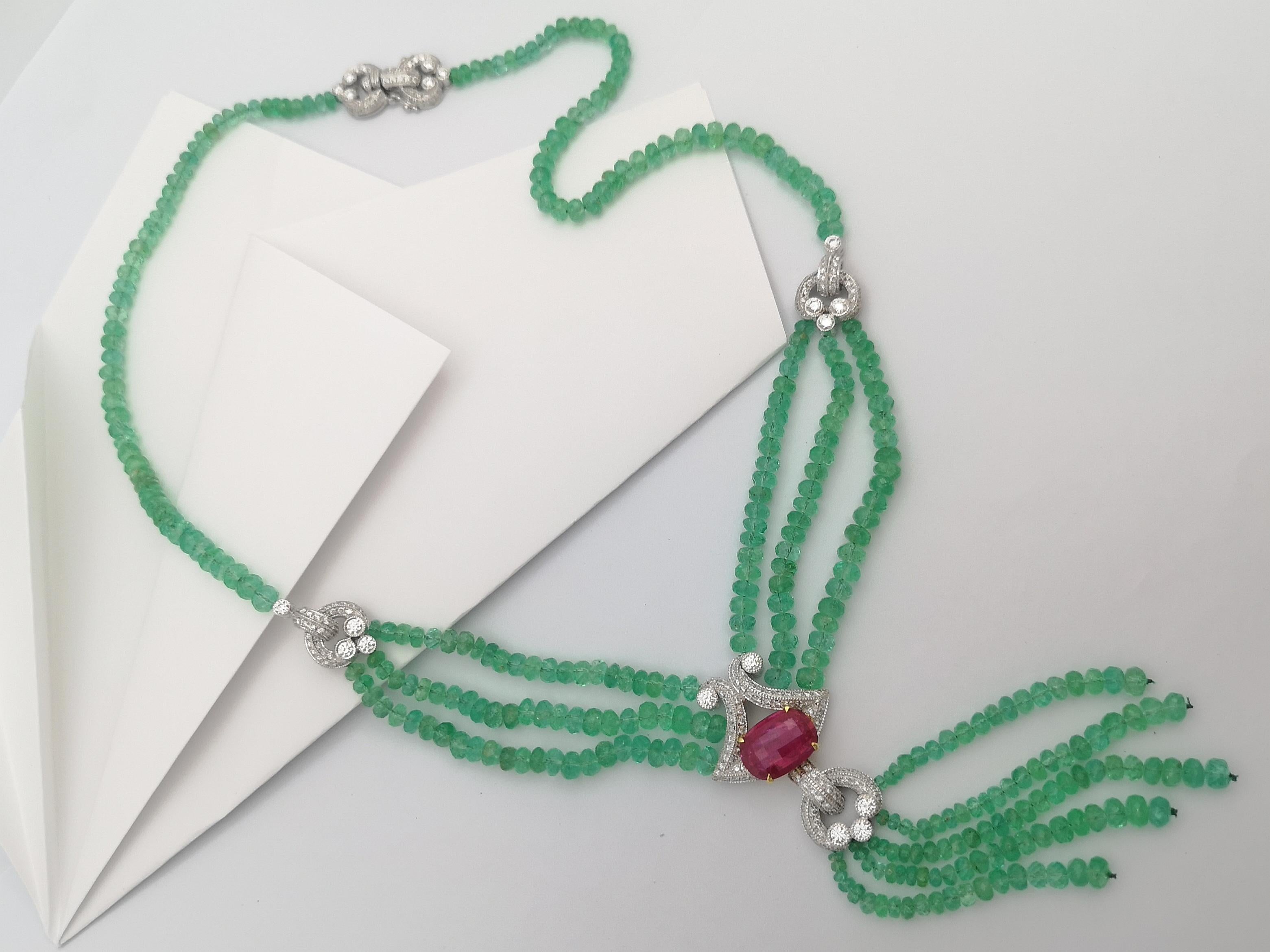 Mixed Cut Emerald Beads, Ruby with Diamond Necklace Set in 18 Karat White Gold Settings For Sale