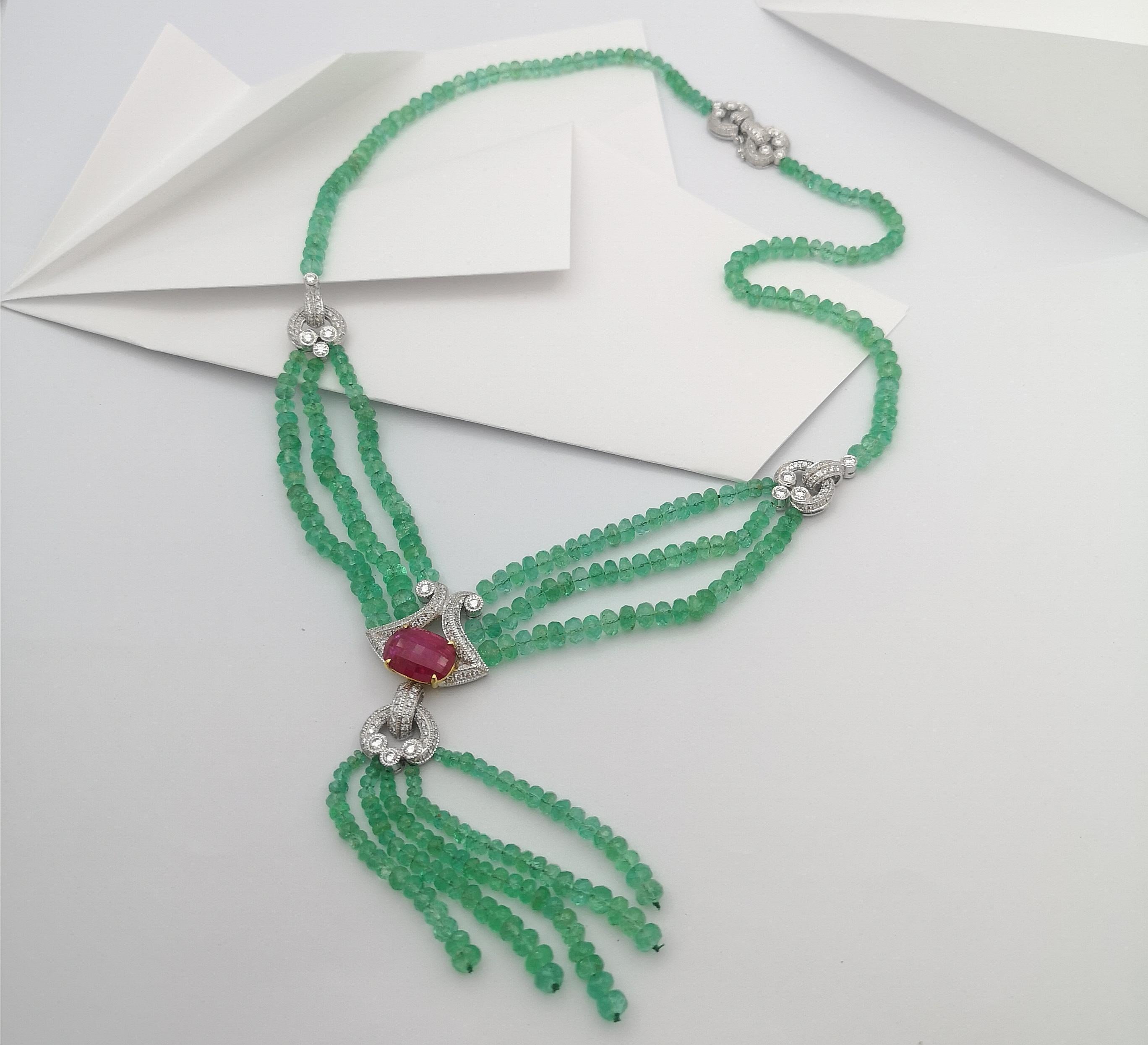 Emerald Beads, Ruby with Diamond Necklace Set in 18 Karat White Gold Settings In New Condition For Sale In Bangkok, TH