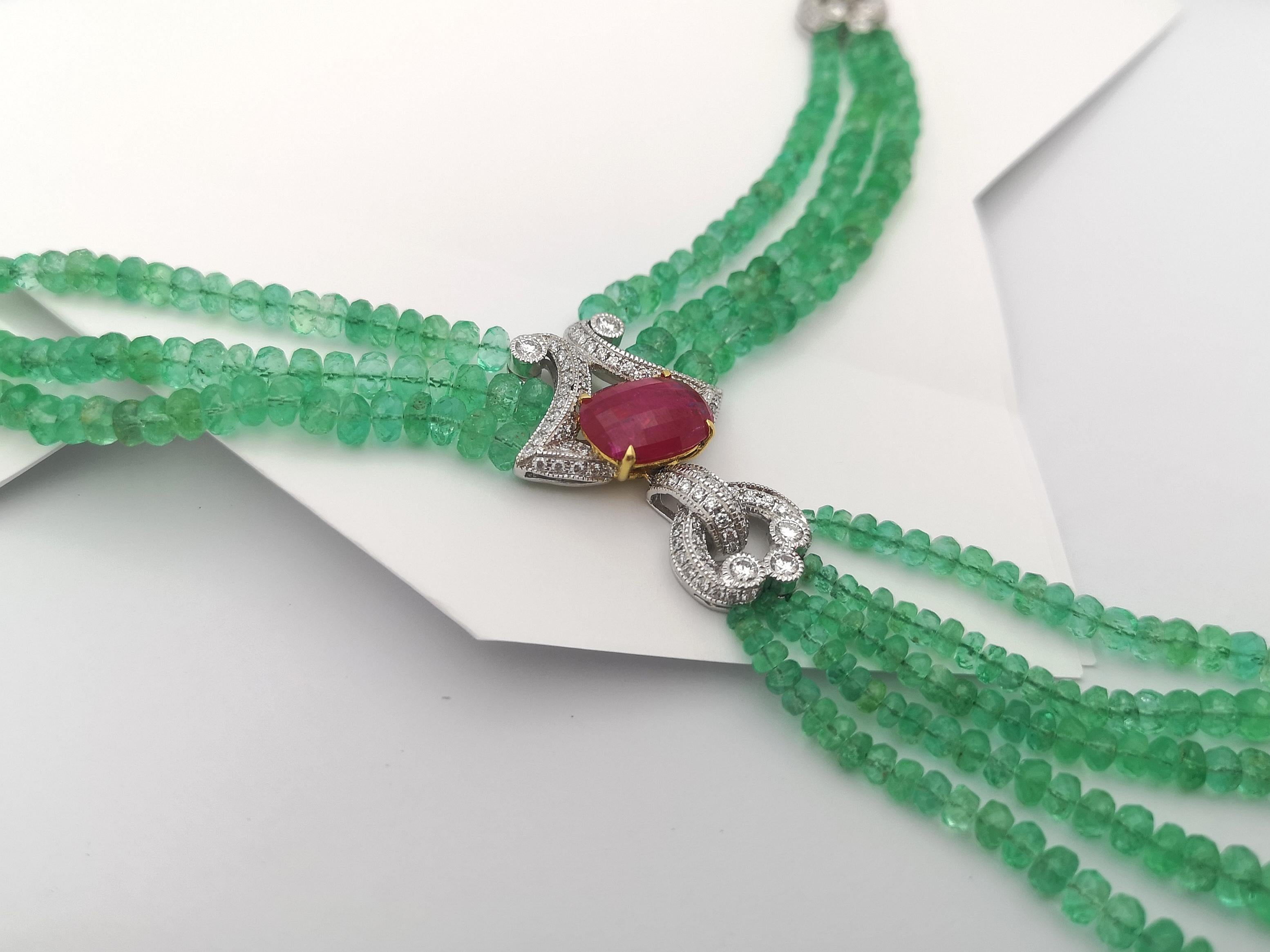 Emerald Beads, Ruby with Diamond Necklace Set in 18 Karat White Gold Settings For Sale 1