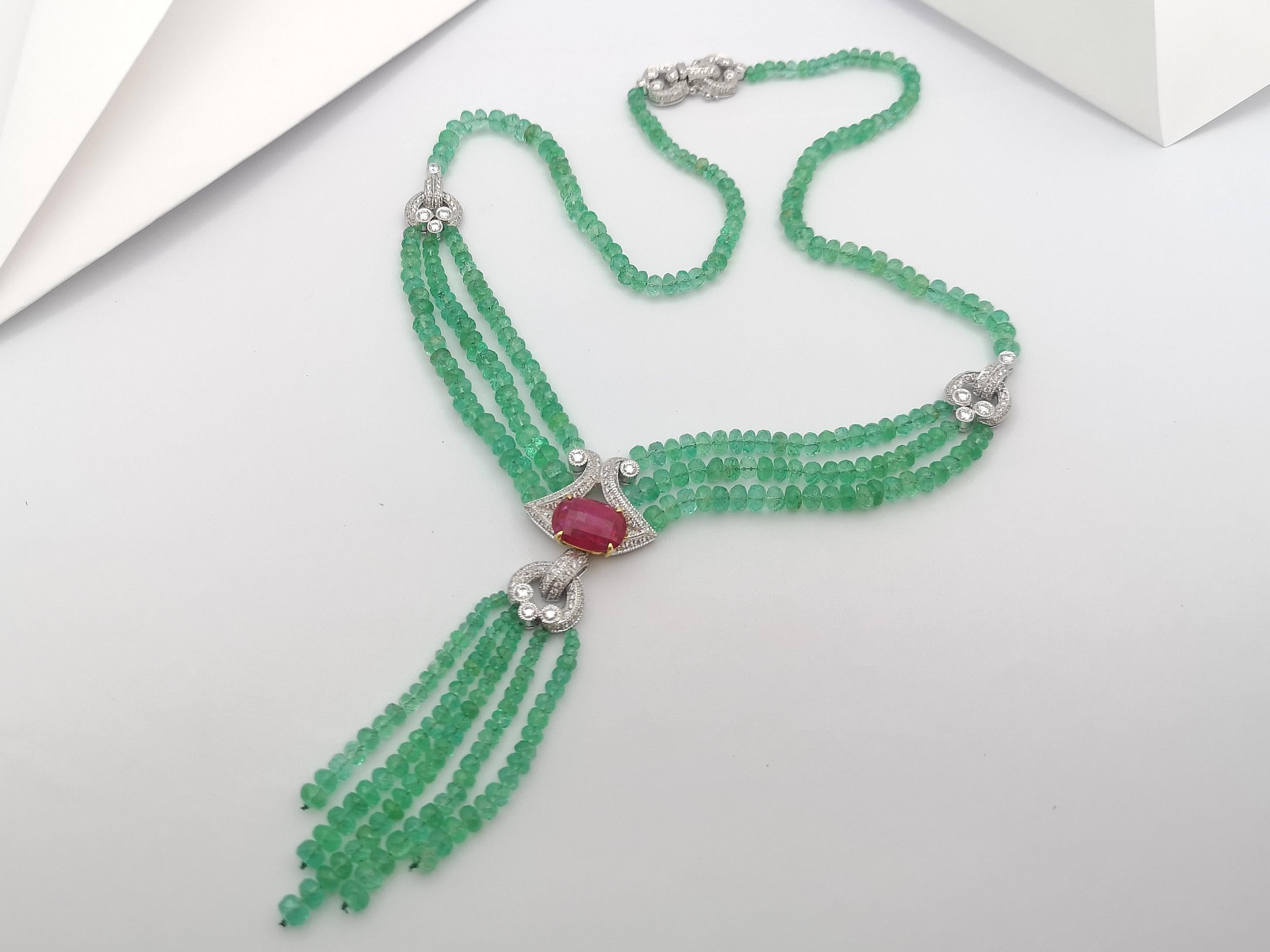 Emerald Beads, Ruby with Diamond Necklace Set in 18 Karat White Gold Settings For Sale 3