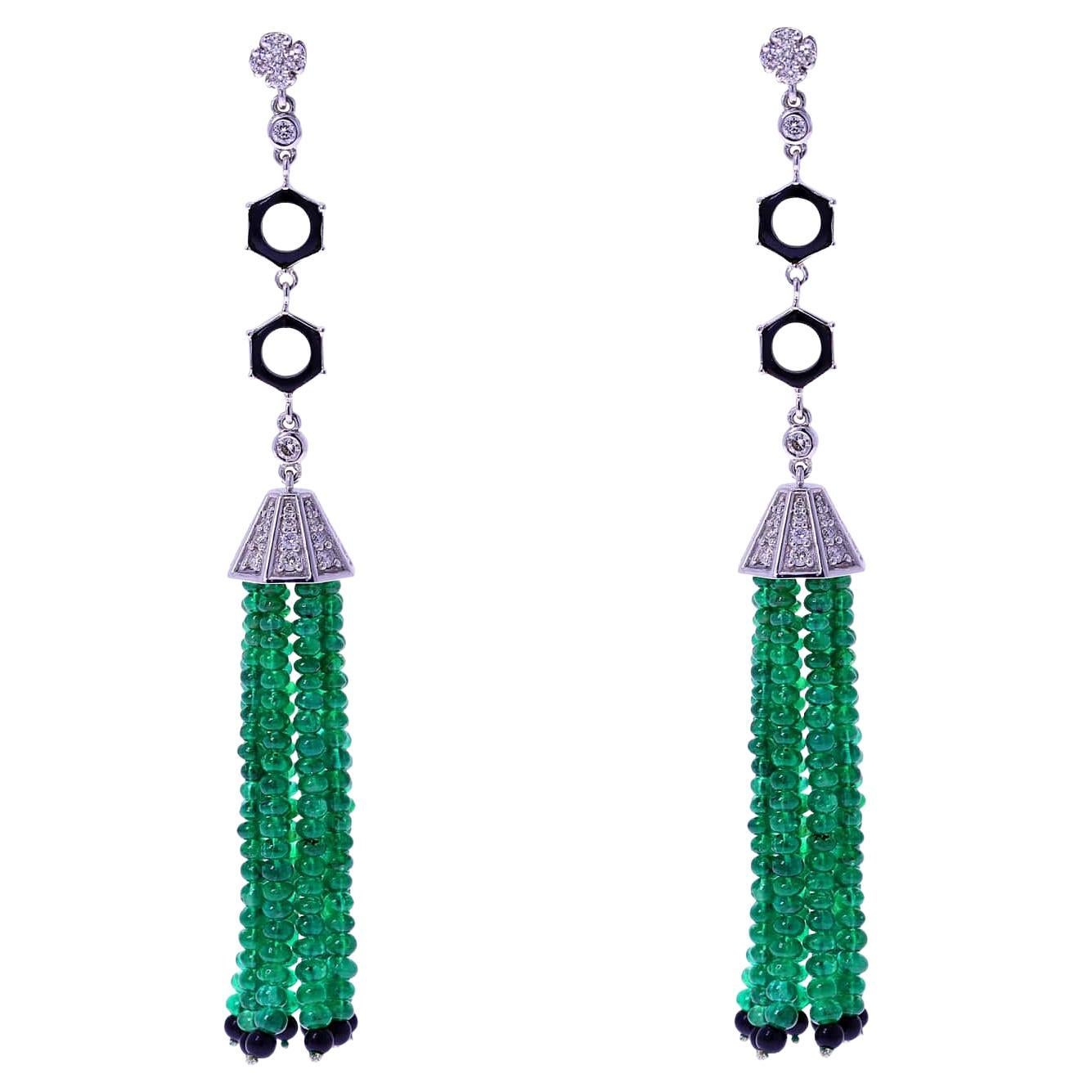 Emerald Beads Tassel Earrings with Diamonds and Onyx, 18k For Sale
